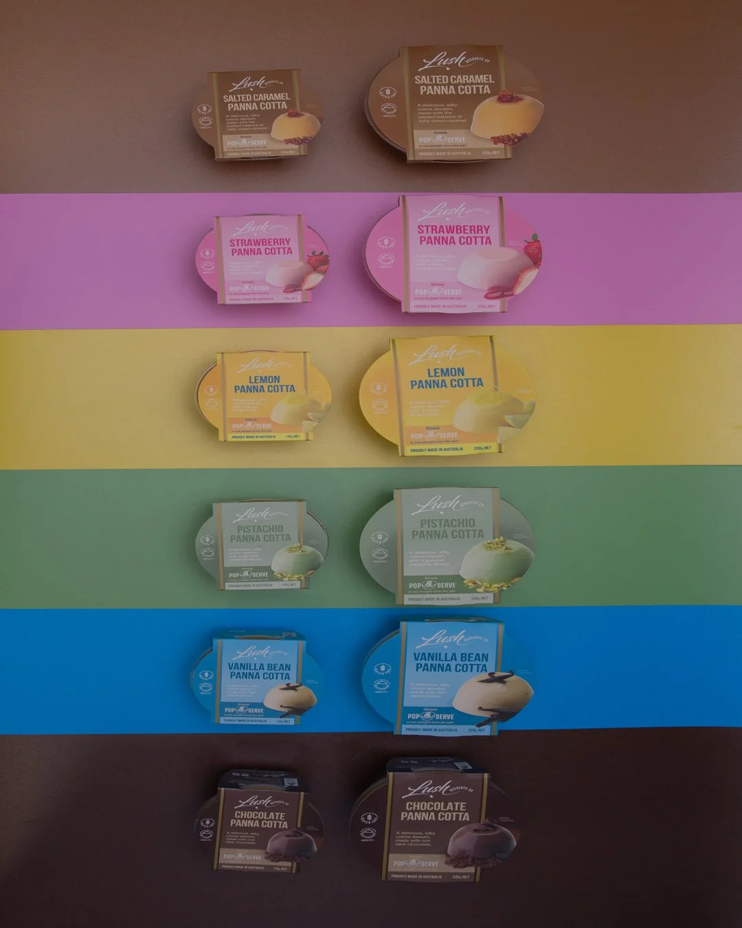 the many colors and flavors of Lush Desserts ,out now in your local independent supermarket or local fresh providore Australia wide