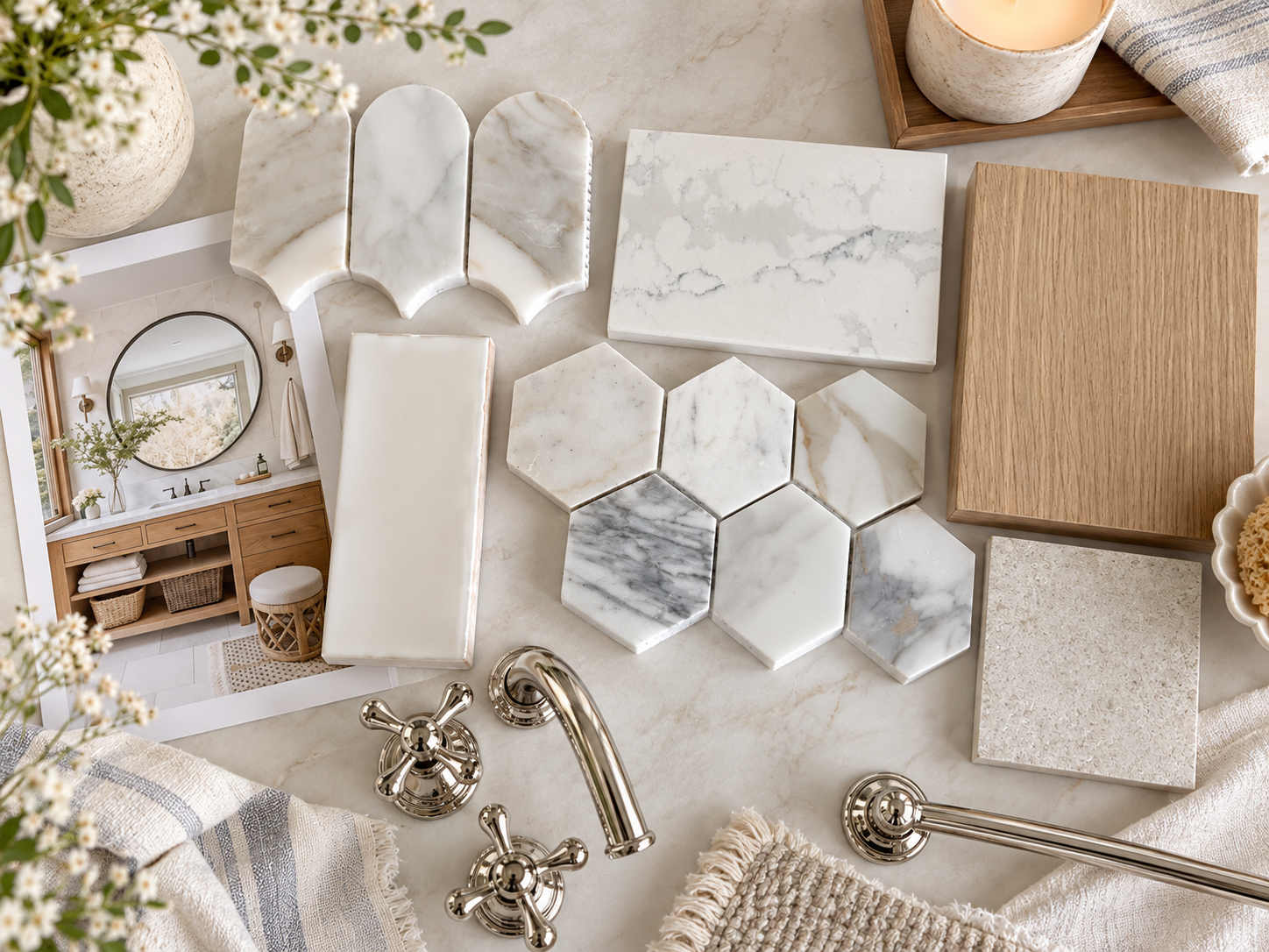 “Bathroom design material selections featuring marble tiles, white oak cabinetry, quartz countertops, and polished nickel fixtures.”