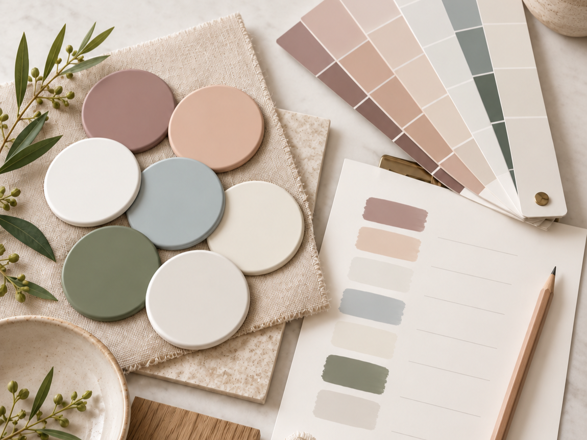Paint colour consultation palette with soft pink, blue-grey, green and neutral paint samples.