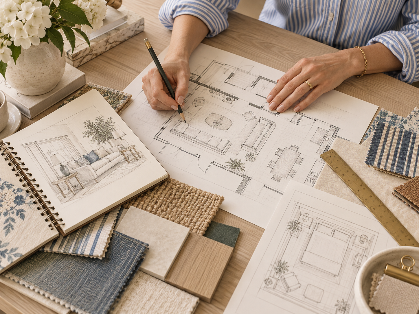 Interior designer reviewing a residential floor plan and furniture layout.    Virtual design: Laptop displaying a bedroom design presentation for a virtual interior decorating project.