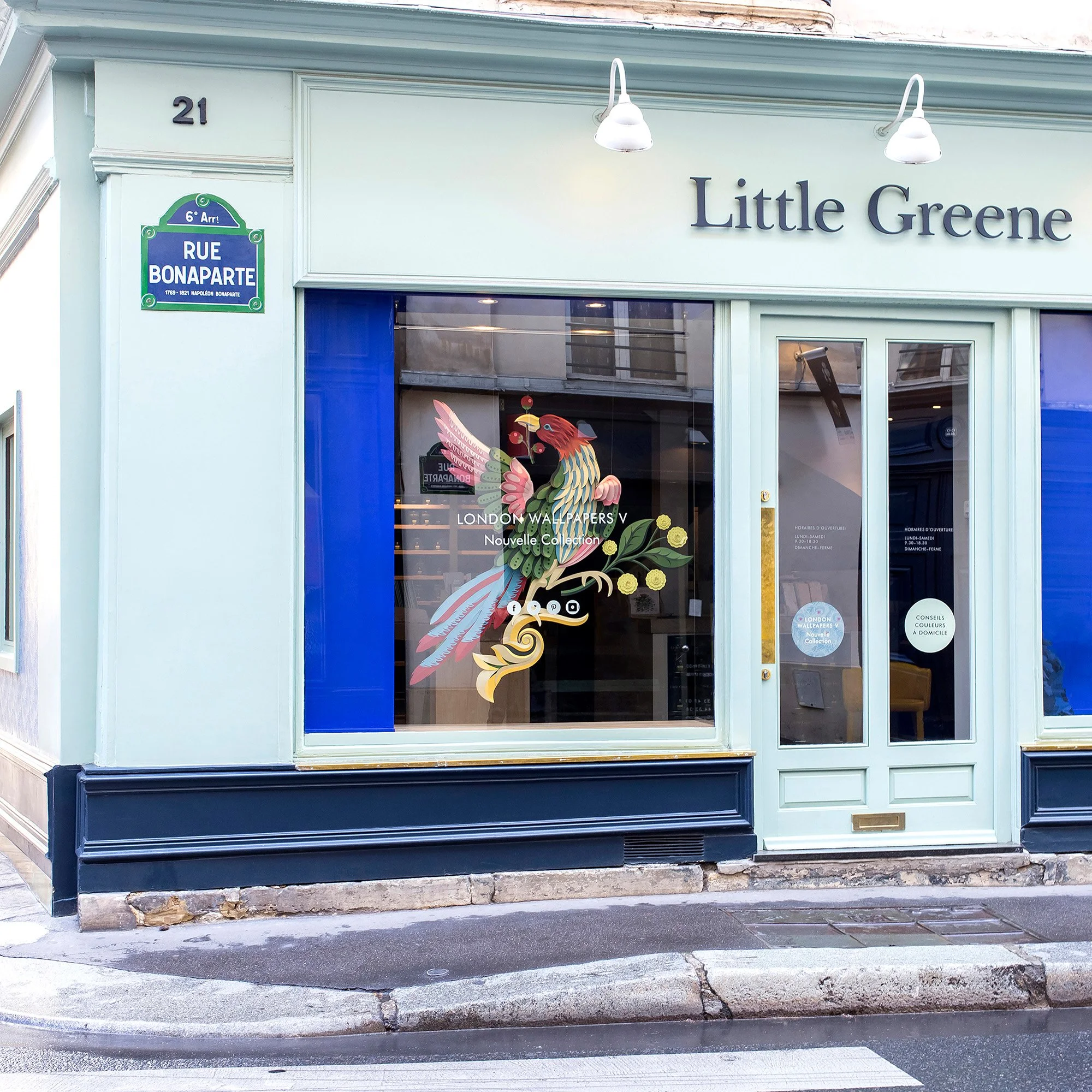 Little Greene showroom window with Bird of Paradise paper installation, Paris