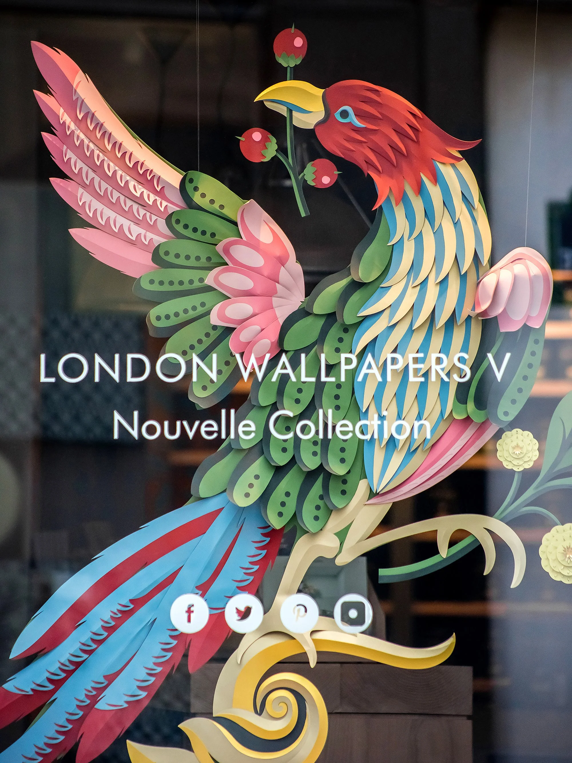 Bird of Paradise paper installation in Little Greene window display, Paris