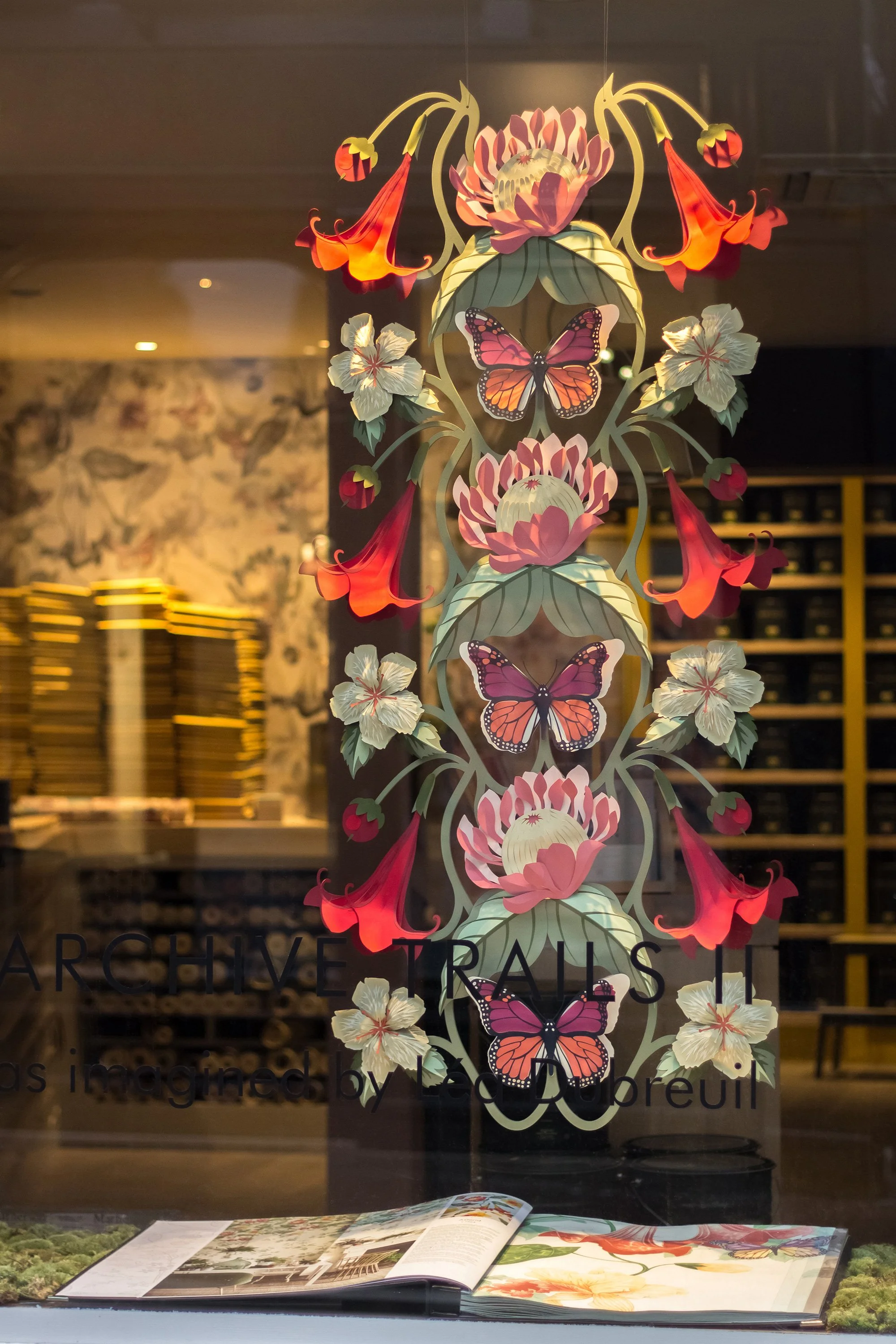 Oversized floral paper bas-relief inspired by the Asterid wallpaper pattern, Little Greene Paris showroom