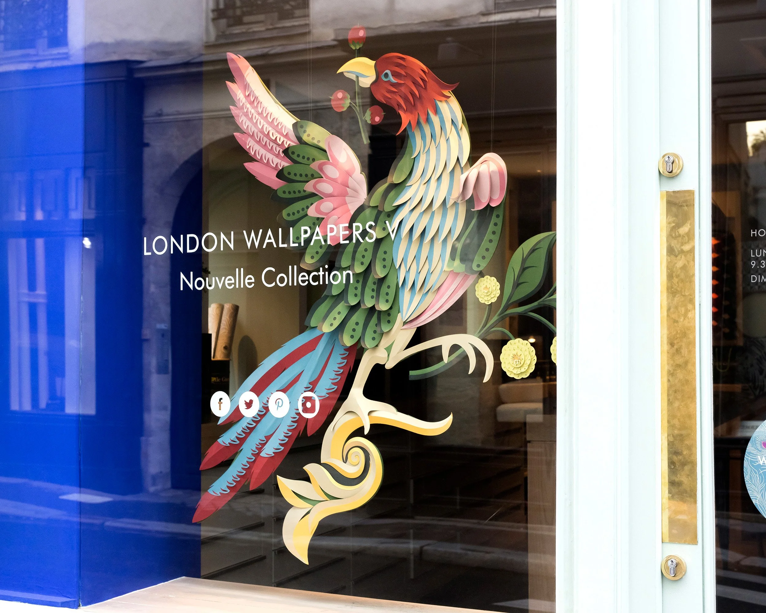 Bird of Paradise paper installation in Little Greene window display, Paris