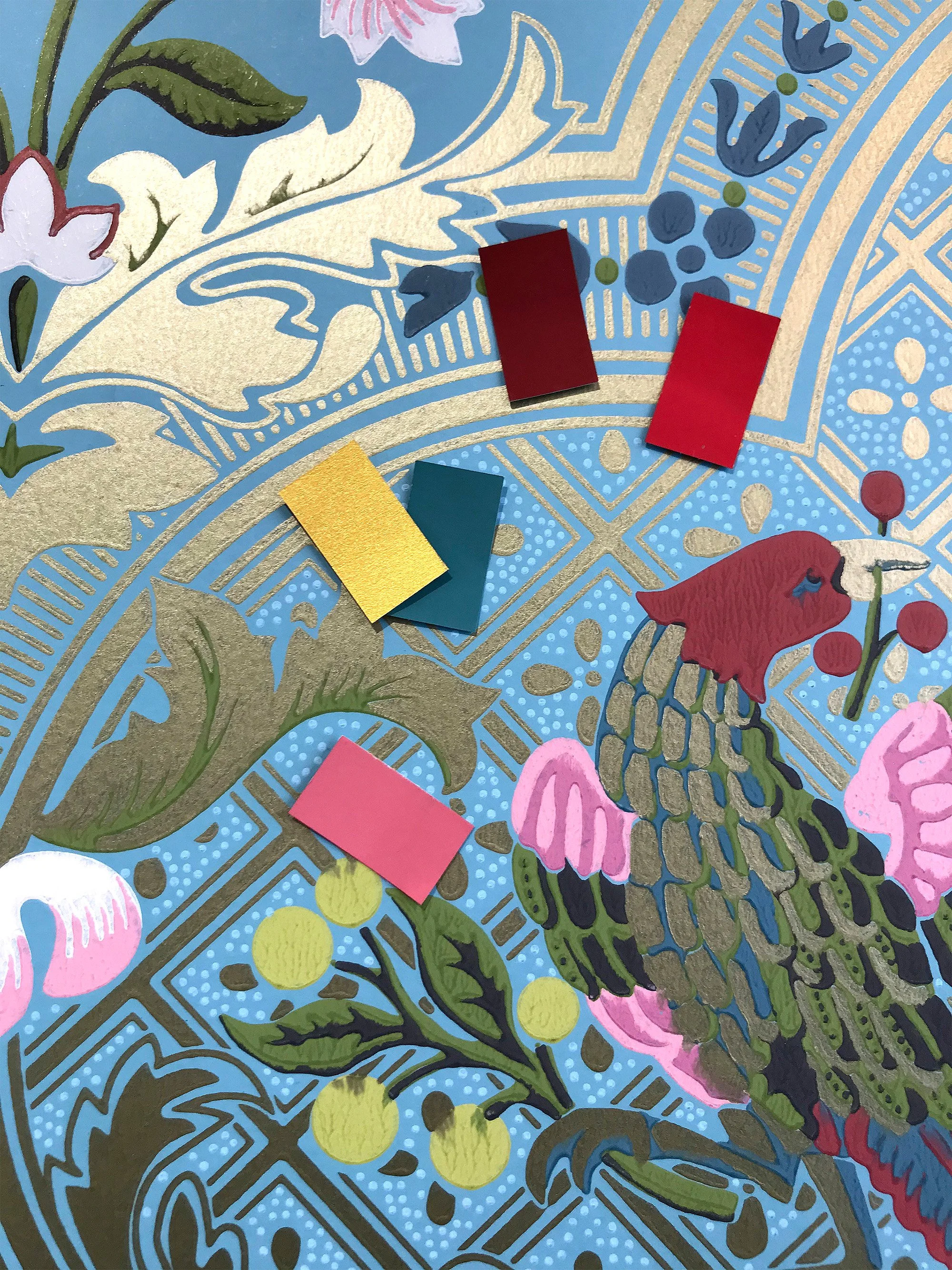 Brodsworth wallpaper pattern with colour samples, Little Greene inspiration