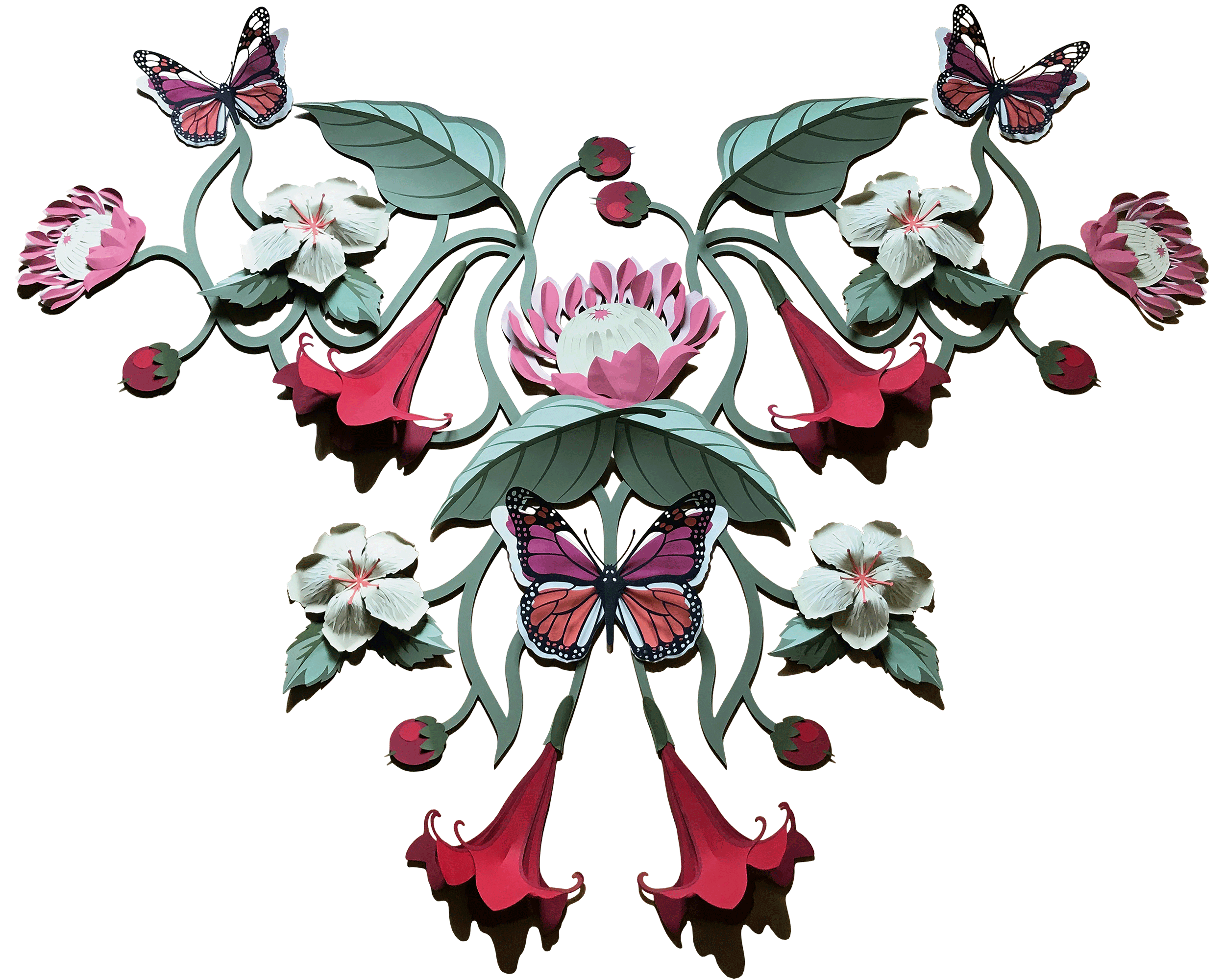 Isolated view of a hand-painted paper floral installation inspired by Little Greene's Asterid wallpaper pattern