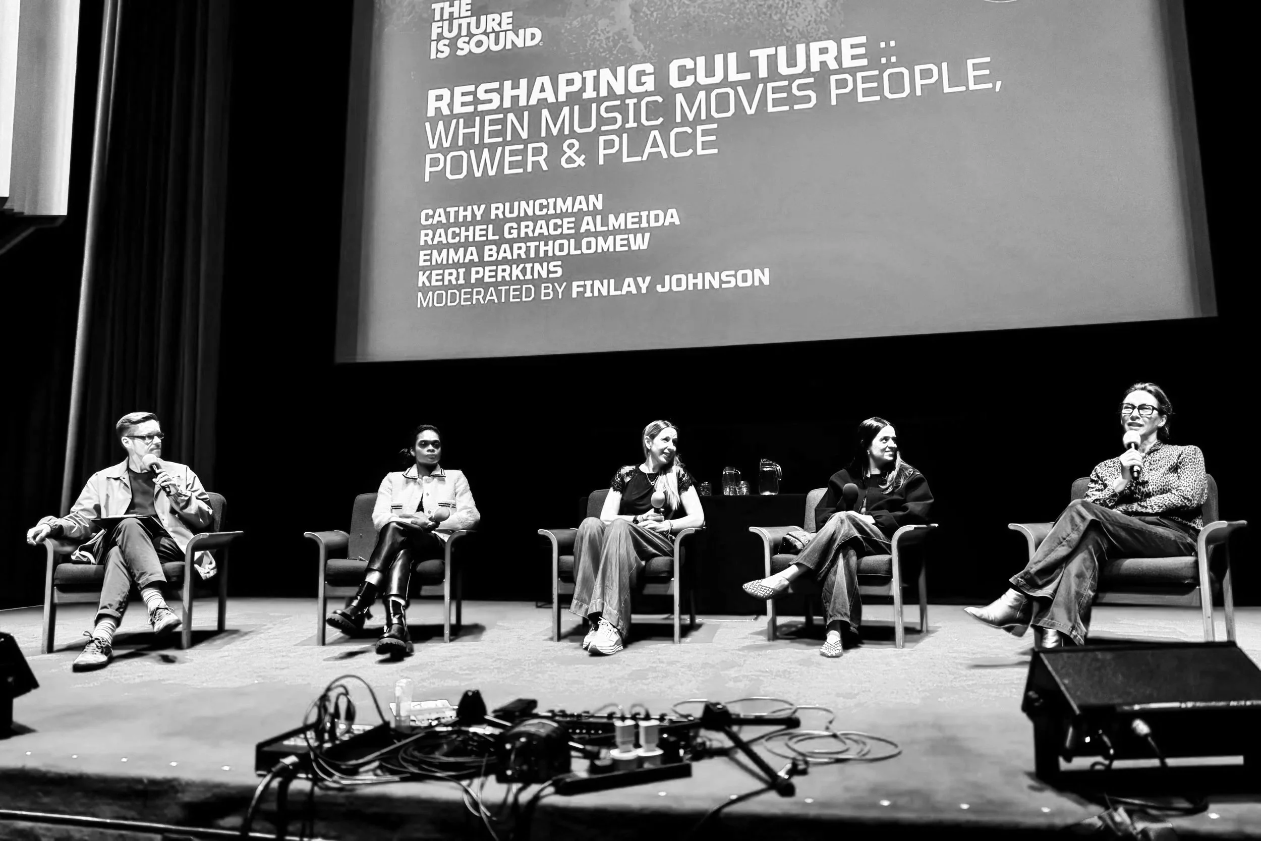  'RESHAPING CULTURE: WHEN MUSIC MOVES PEOPLE, POWER & PLACE' Featuring Cathy Runciman, Rachel Grace Almeida, Emma Bartholomew, Keri Perkins, and moderator Finlay Johnson.