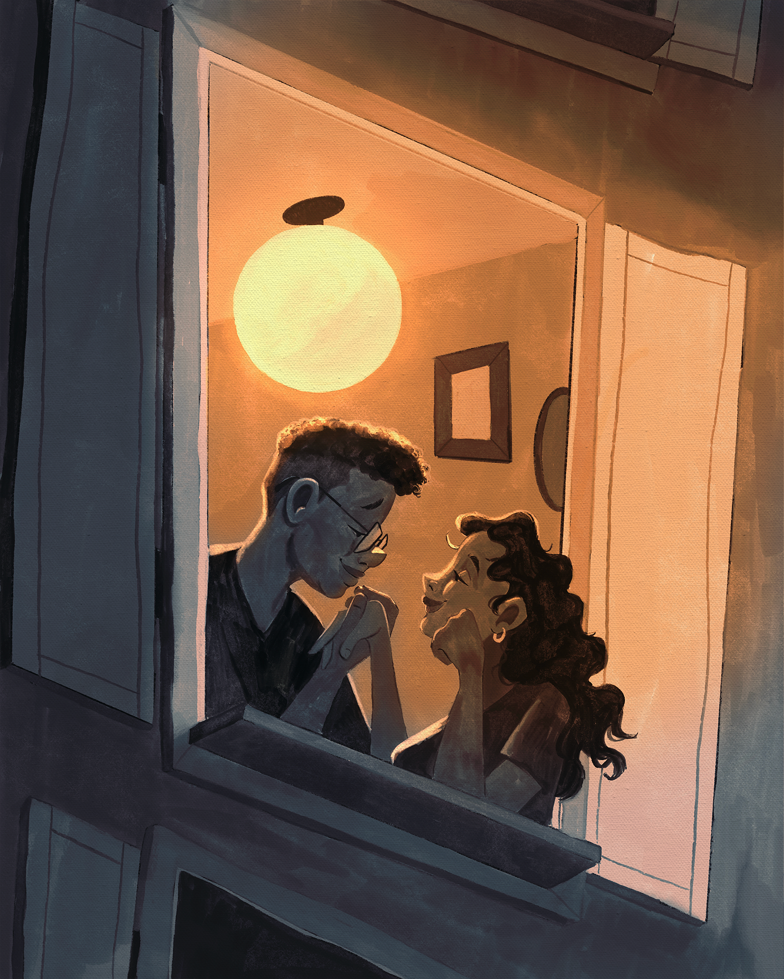 Romantic editorial illustration of a couple sharing a tender moment at a warmly lit apartment window at night, moody golden light, painterly digital art