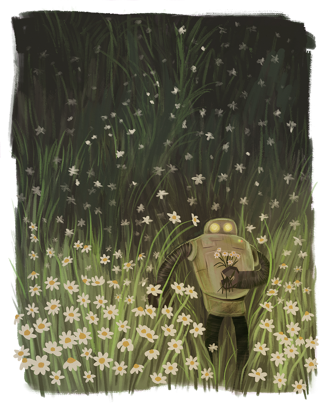 Whimsical children's book illustration of a small green robot standing in a dark meadow field of white daisies, holding a bouquet, viewed from behind