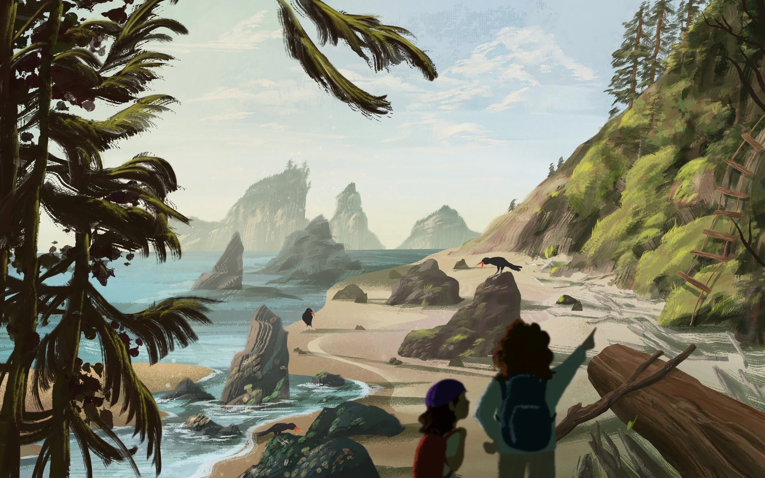 Painterly children's book landscape illustration of two figures overlooking a dramatic rocky coastline with sea stacks, palm trees, oystercatchers on the shore, and misty mountains
