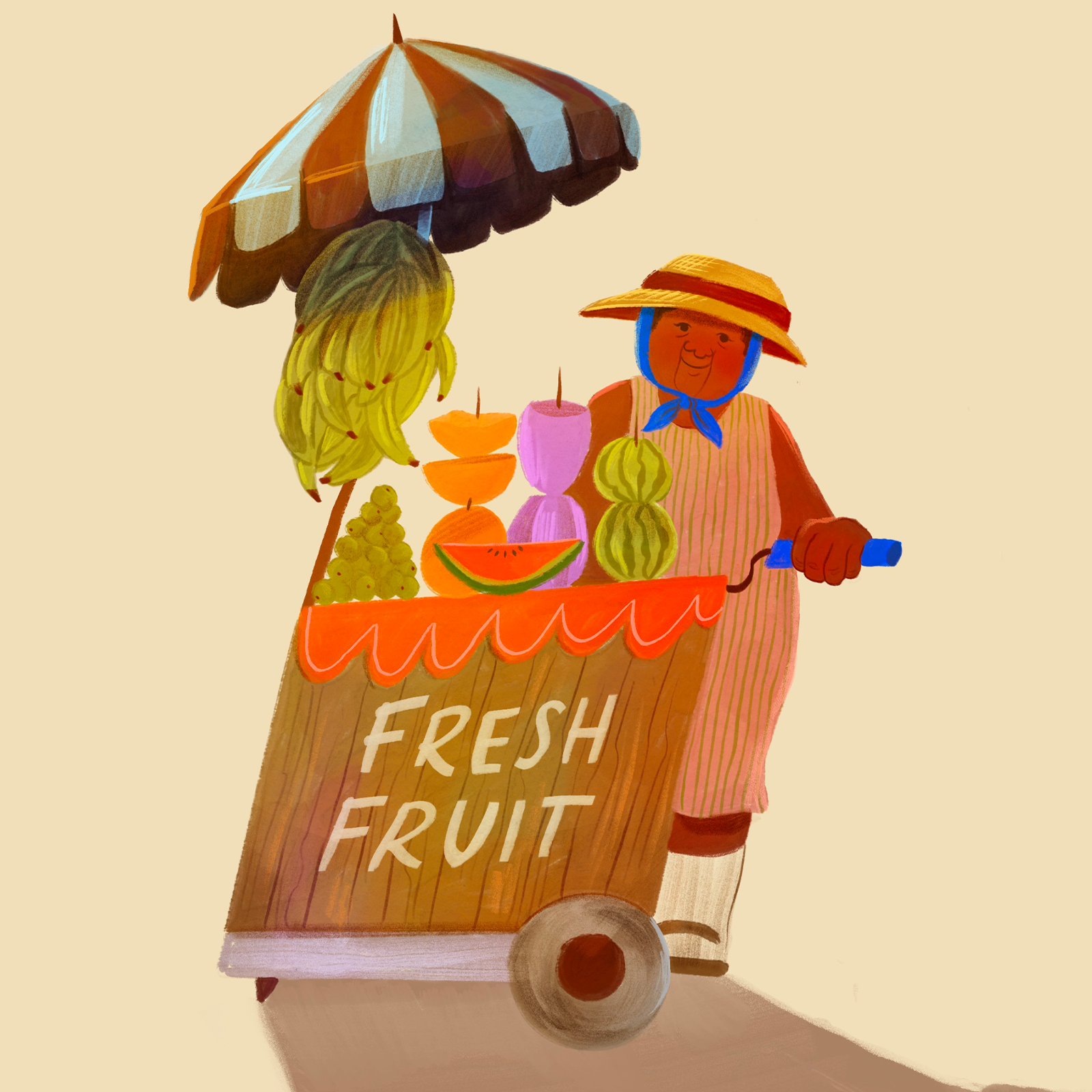 Charming children's book illustration of a smiling street vendor in a straw hat pushing a colorful fresh fruit cart, warm earthy tones, storybook editorial style