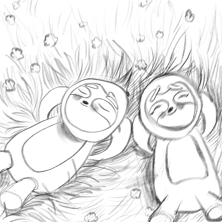 Cozy children's book illustration of two sloths resting together in a sunlit meadow of yellow and pink flowers, soft glowing light, warm storybook style