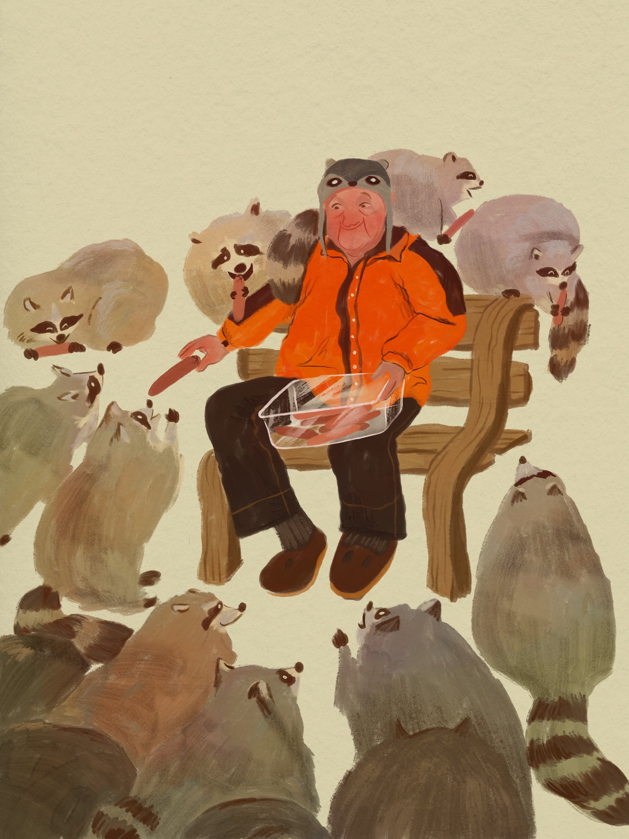 Humorous editorial illustration of a man in an orange shirt sitting on a park bench feeding a crowd of raccoons, warm painterly style on cream background