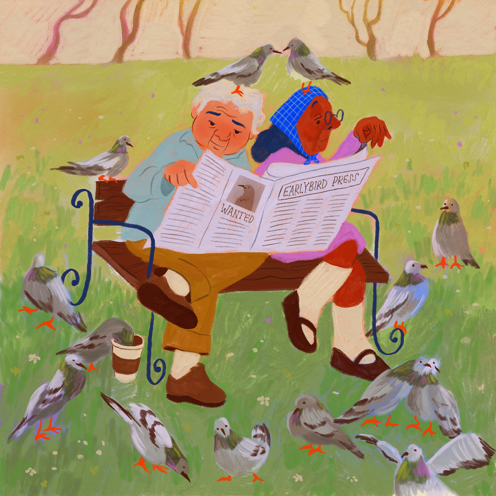 Editorial illustration of two elderly people sharing a newspaper on a park bench surrounded by pigeons, warm storybook style with humorous details