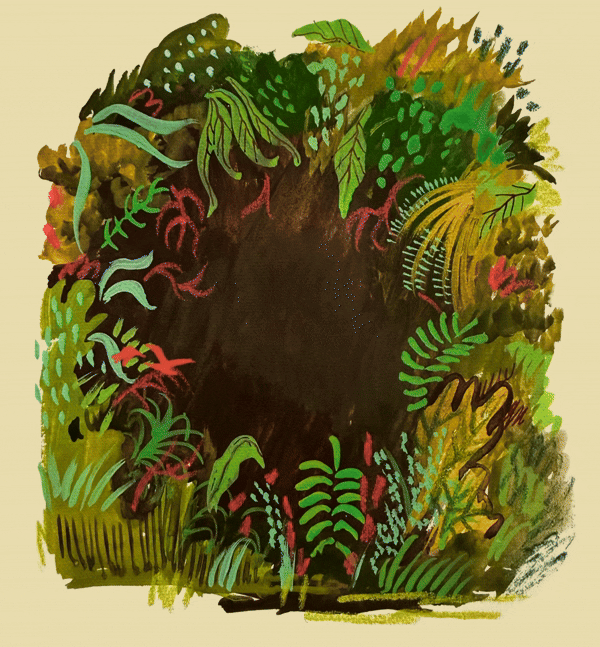 Painterly nature illustration of two small blue birds flying through a lush circular frame of tropical forest foliage in deep greens, reds, and teals