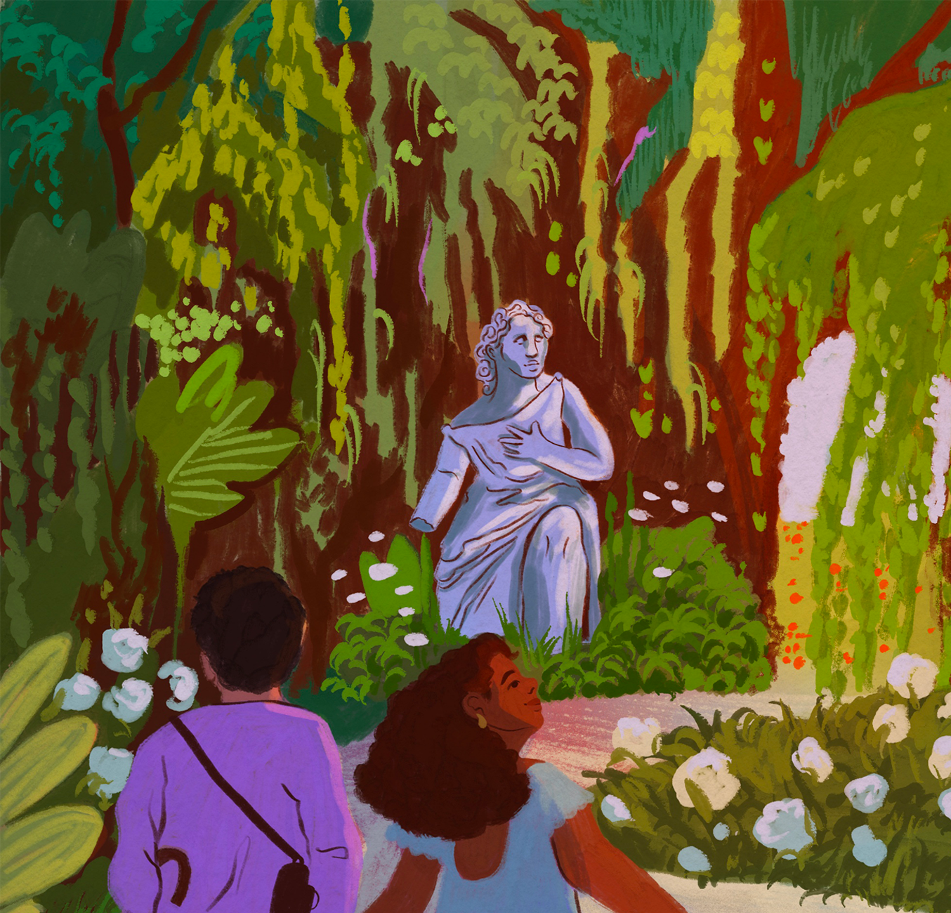 Editorial illustration of two figures walking toward a classical marble statue in a lush, richly colored garden with towering trees and white flowers