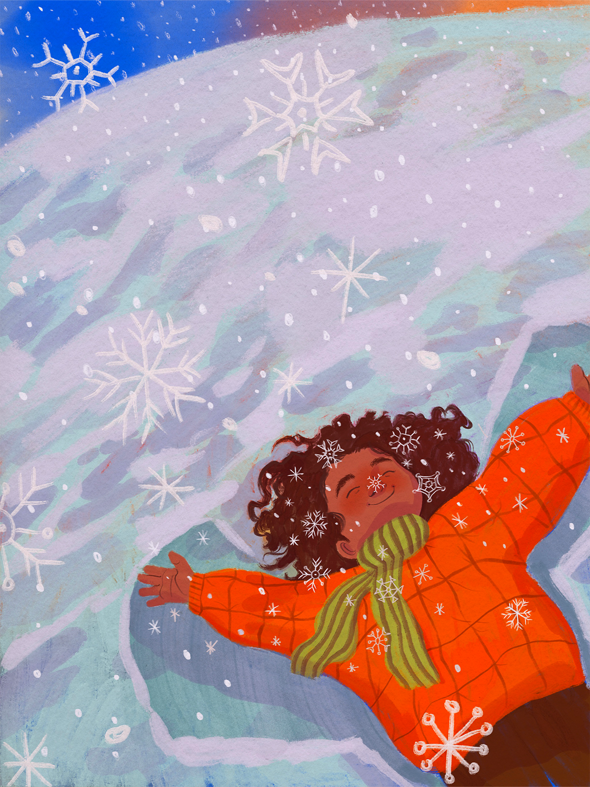 Illustration of a joyful child in an orange coat and green scarf lying in the snow making a snow angel as snowflakes fall around them in a winter landscape.