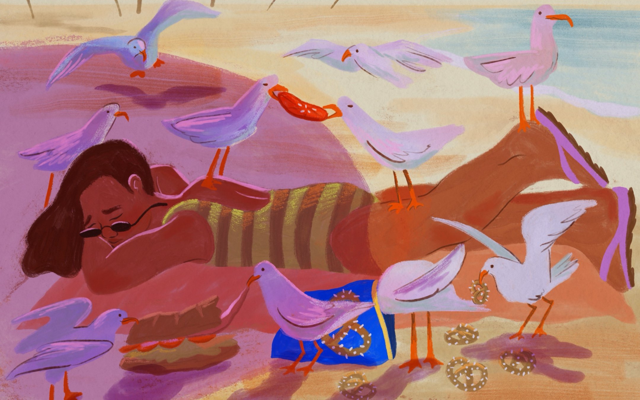 Humorous editorial illustration of a person napping on a beach while seagulls steal pretzels, bold warm pinks and reds, painterly picture book style
