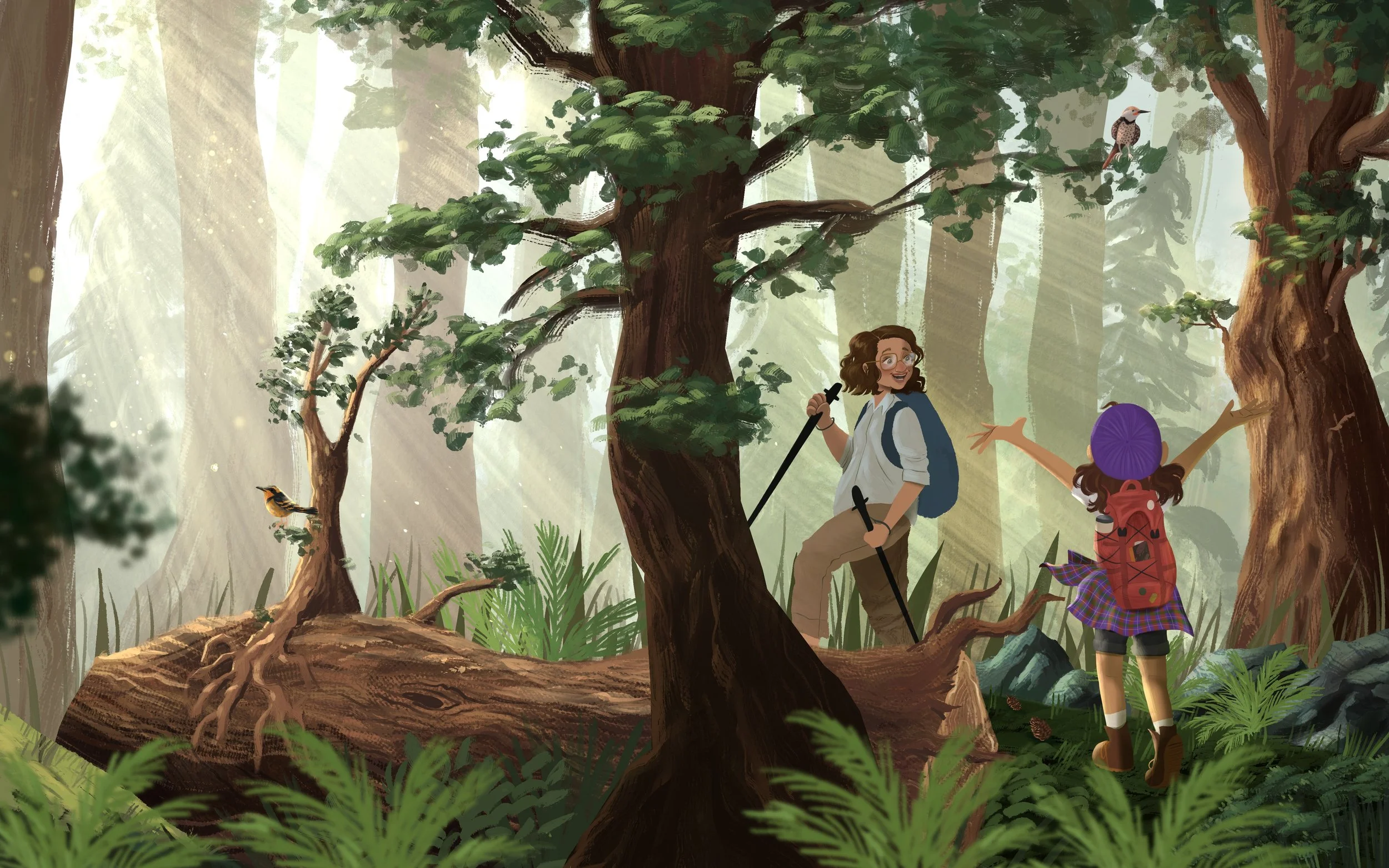 Children's book illustration of a woman and young girl with backpacks hiking through a magical sunlit old-growth forest with towering trees and a colorful bird