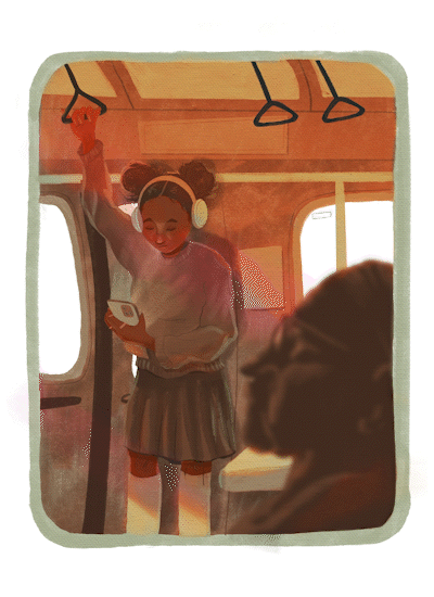 Children's book illustration of a young Black girl with puff buns and headphones riding a subway train, glowing warm light, cozy painterly editorial style