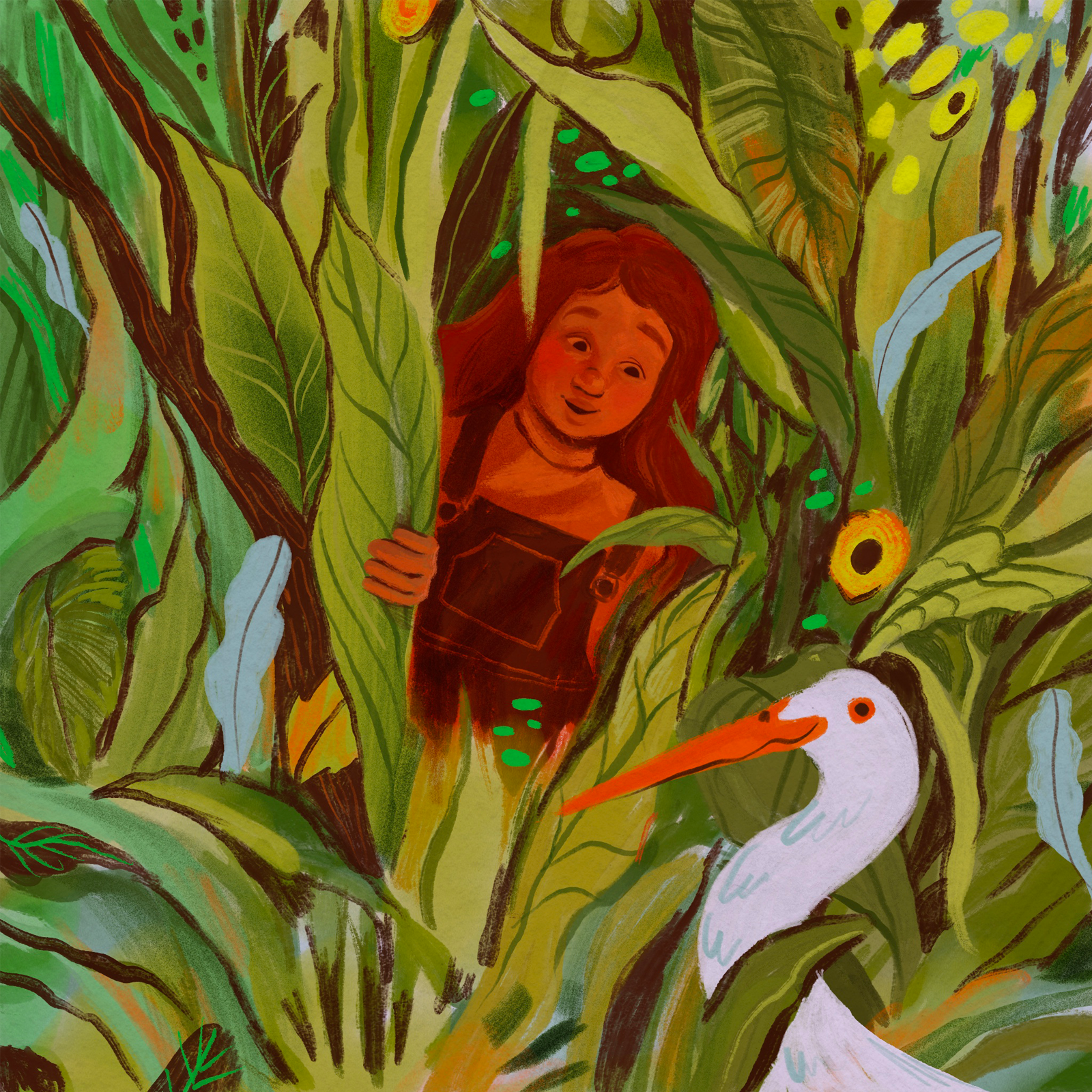 Digital children's book illustration showing a curious red-haired girl in overalls hiding among oversized tropical leaves, with a white egret in the foreground — warm, painterly style with rich greens and earthy tones