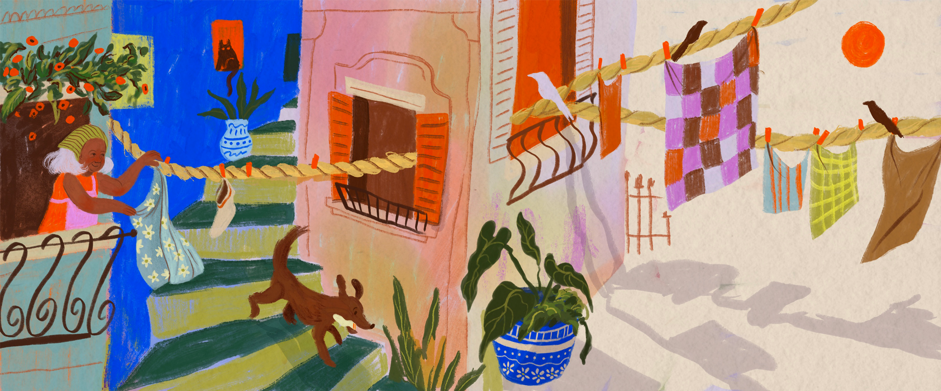 Colorful children's book illustration of a Mediterranean alleyway with a girl hanging laundry on a clothesline, a brown dog on the stairs, birds perched on the line, and vibrant blue and pink buildings