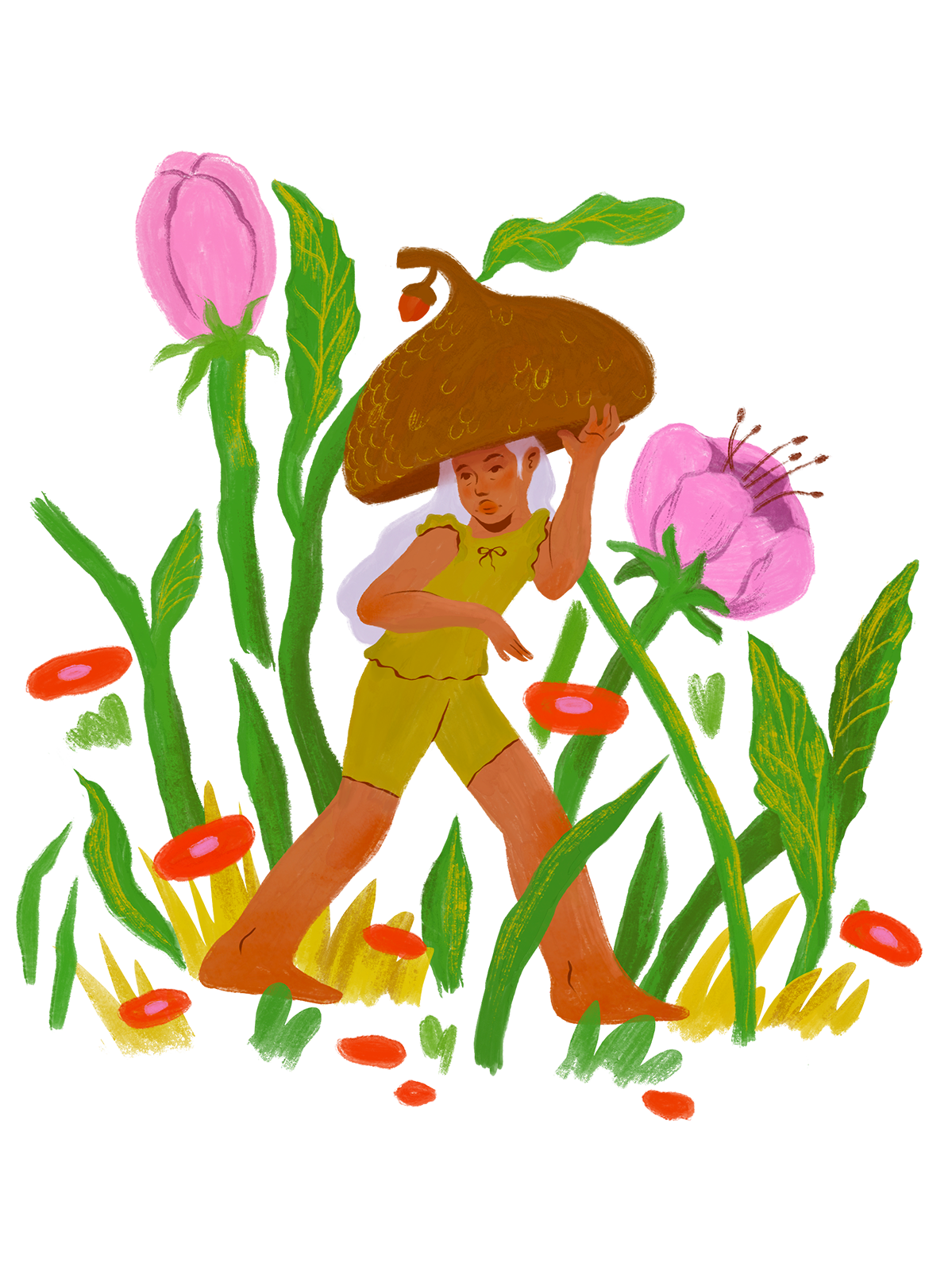 Whimsical children's book illustration of a young girl in a yellow outfit carrying an oversized acorn hat through a garden of giant pink flowers and red toadstools