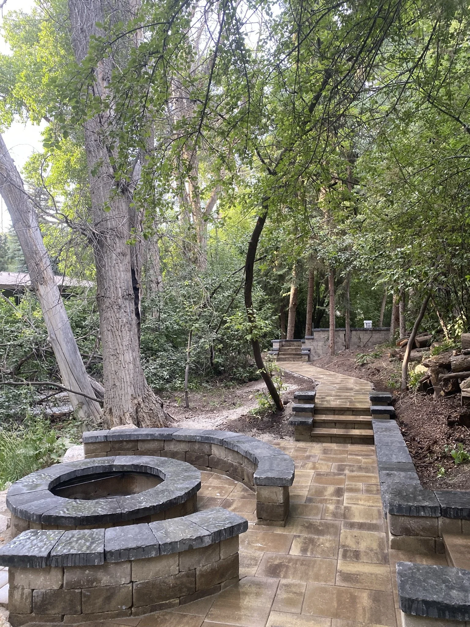 Outdoor paved pathway with stone benches and stairs surrounded by trees and greenery.