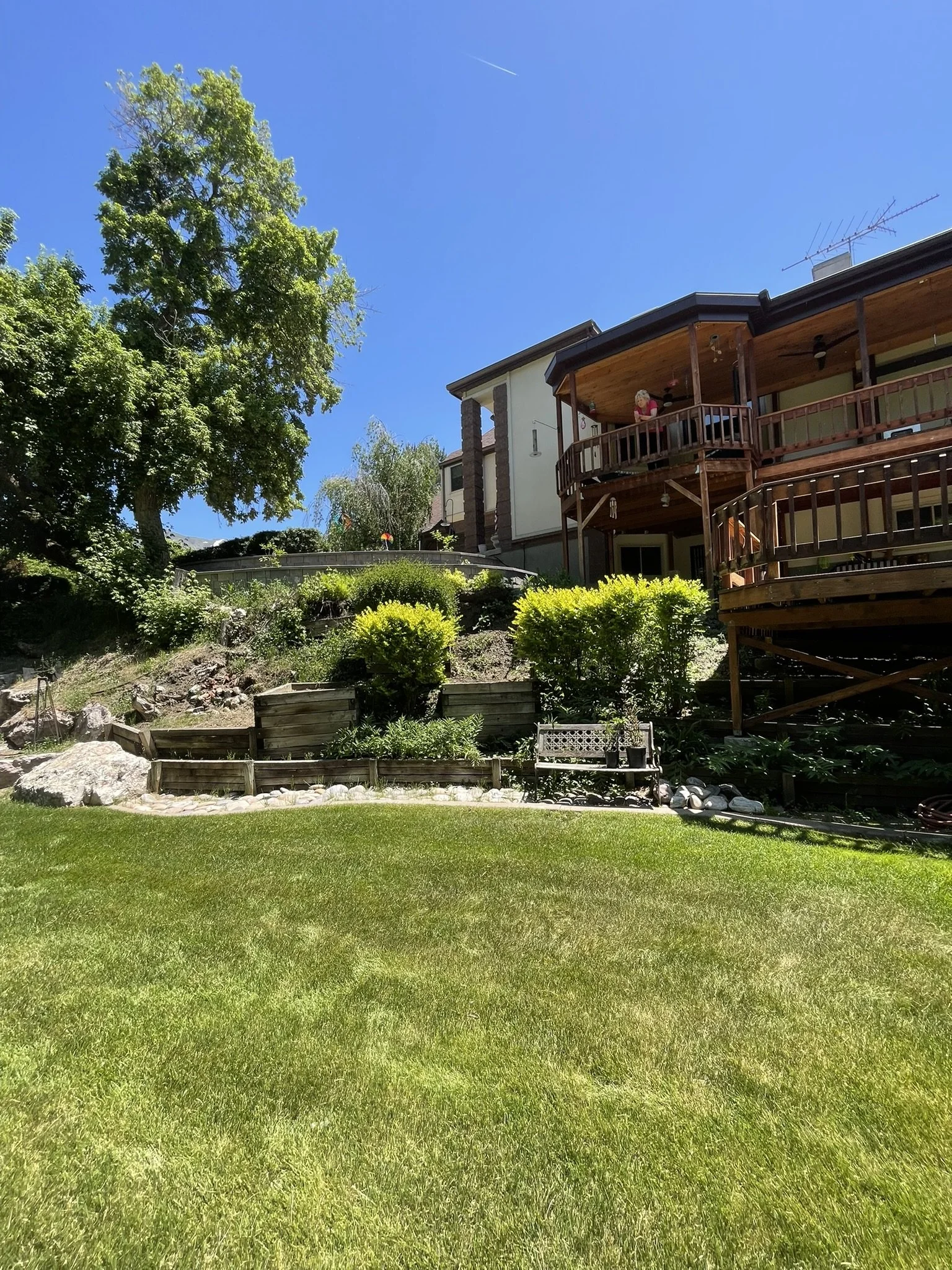 A backyard with a well-maintained grassy lawn, landscaped garden beds, shrubs, and trees, with a multi-level wooden deck attached to a house, under a clear blue sky.