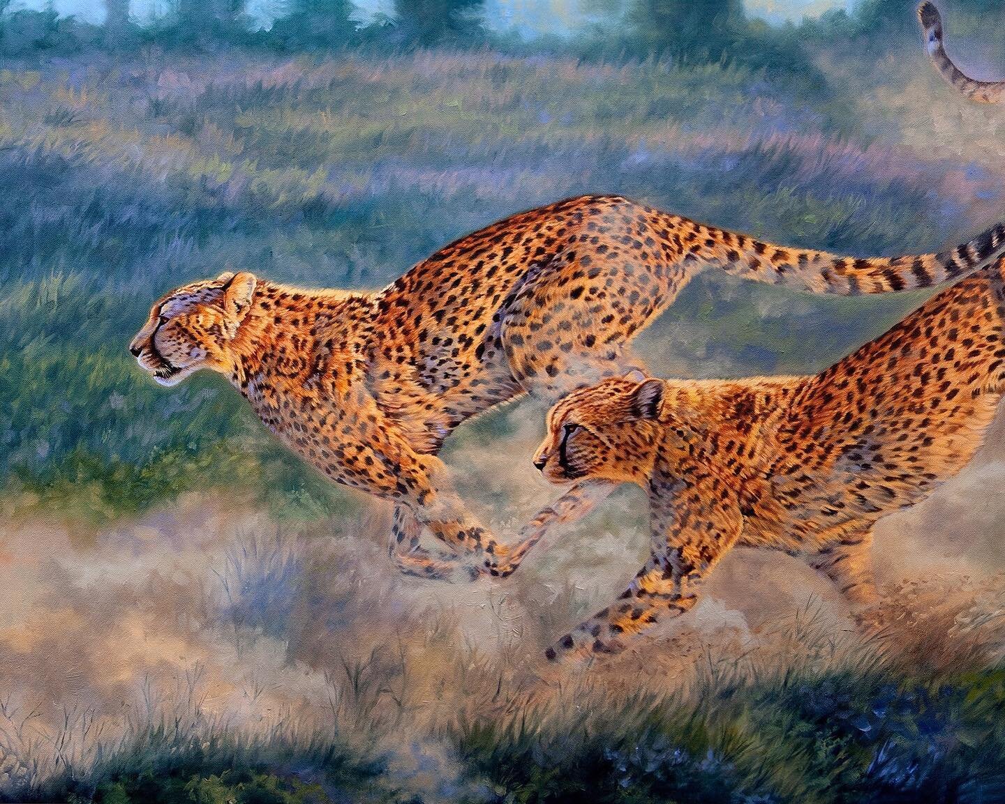 Happy Mother's Day to all the mothers and pet mothers out there!😃 Watching a mother cheetah teaching her three adolescent cubs hunting skills was the inspiration for &quot;In Pursuit&quot;_2010.  With an explosion of speed, agility, and flying dust,