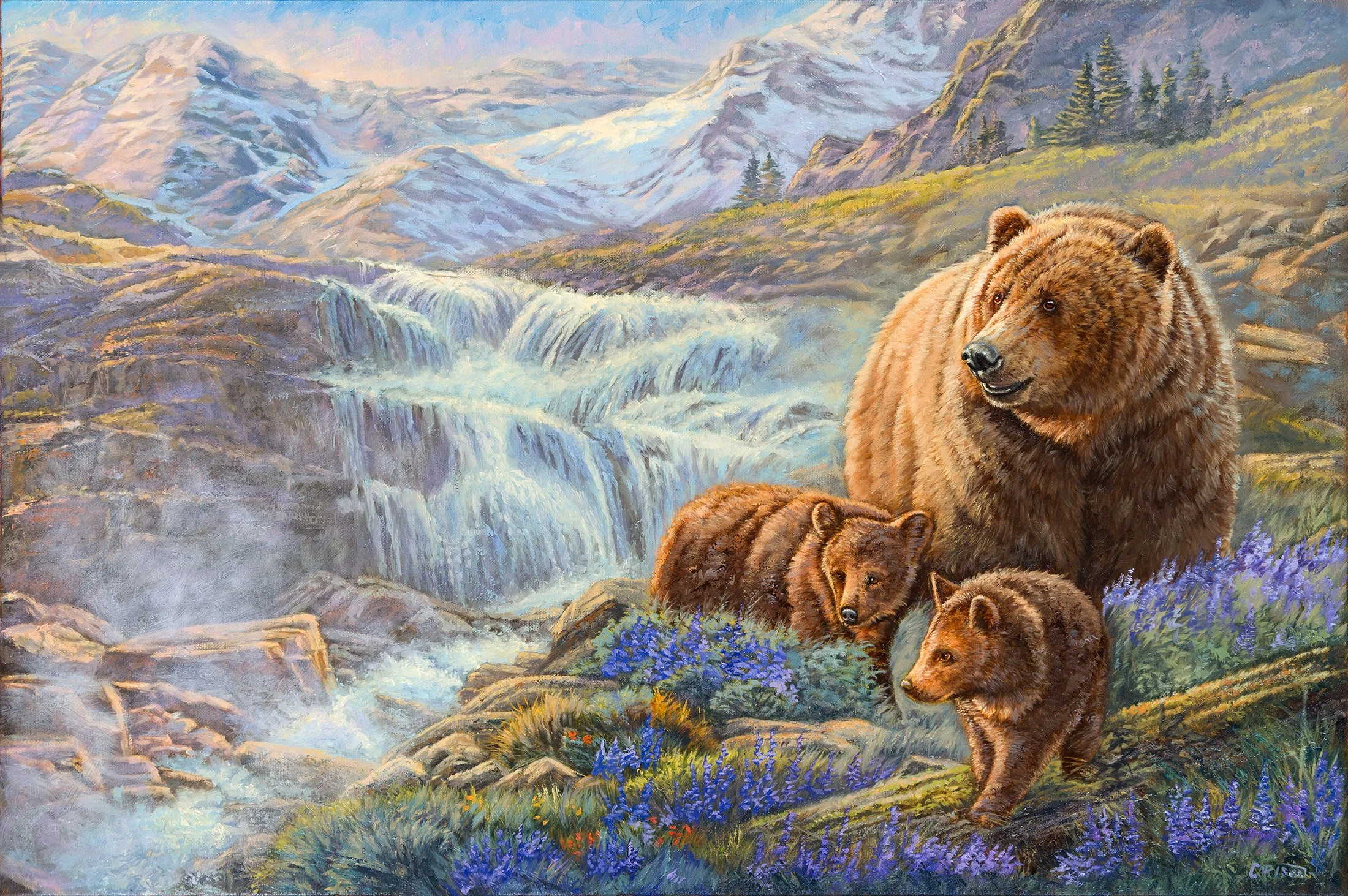 painting of a mother bear with cubs