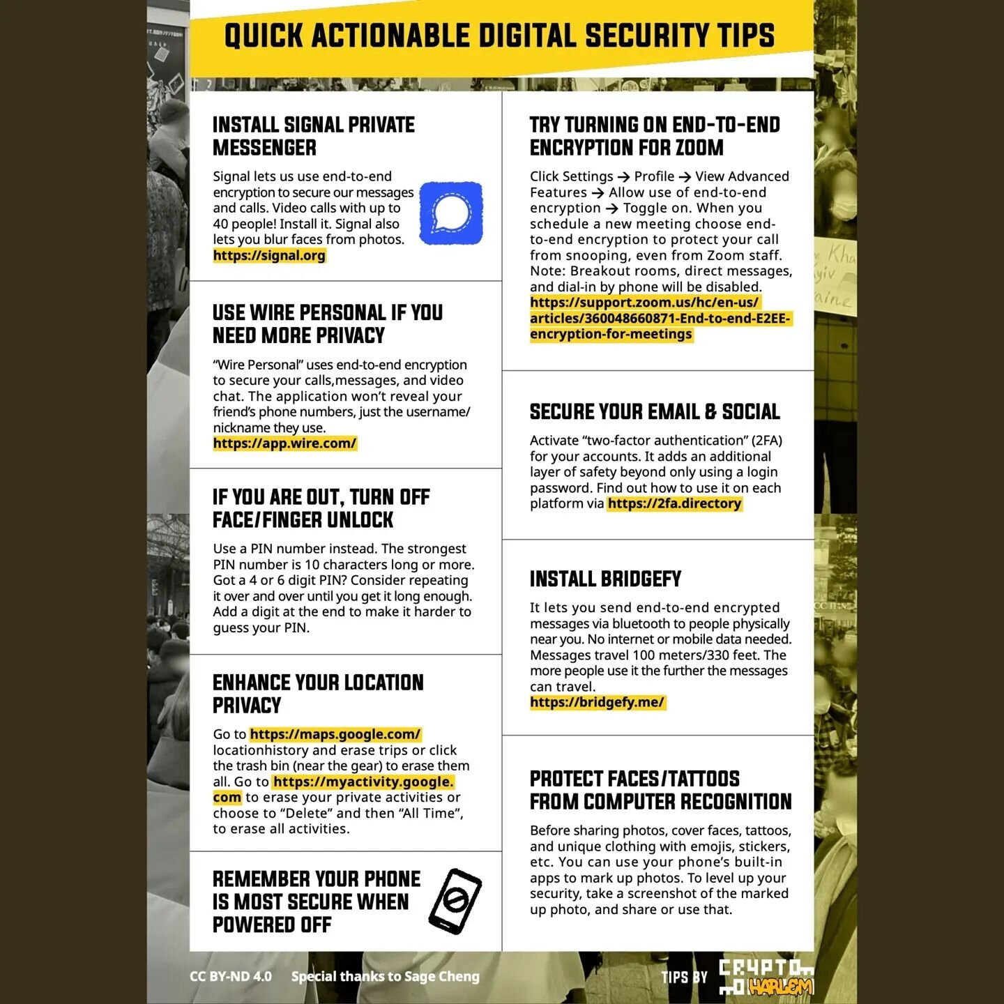 PLEASE SHARE: &quot;Quick Actionable Digital Security tips&quot; (2022) English / Ukrainian / Russian . Peace to all sentient beings. PDF at https://cryptoharlem.com/resources Thank you @Knythrou @nsamarin, sage cheng, &amp; the rest of the team of v