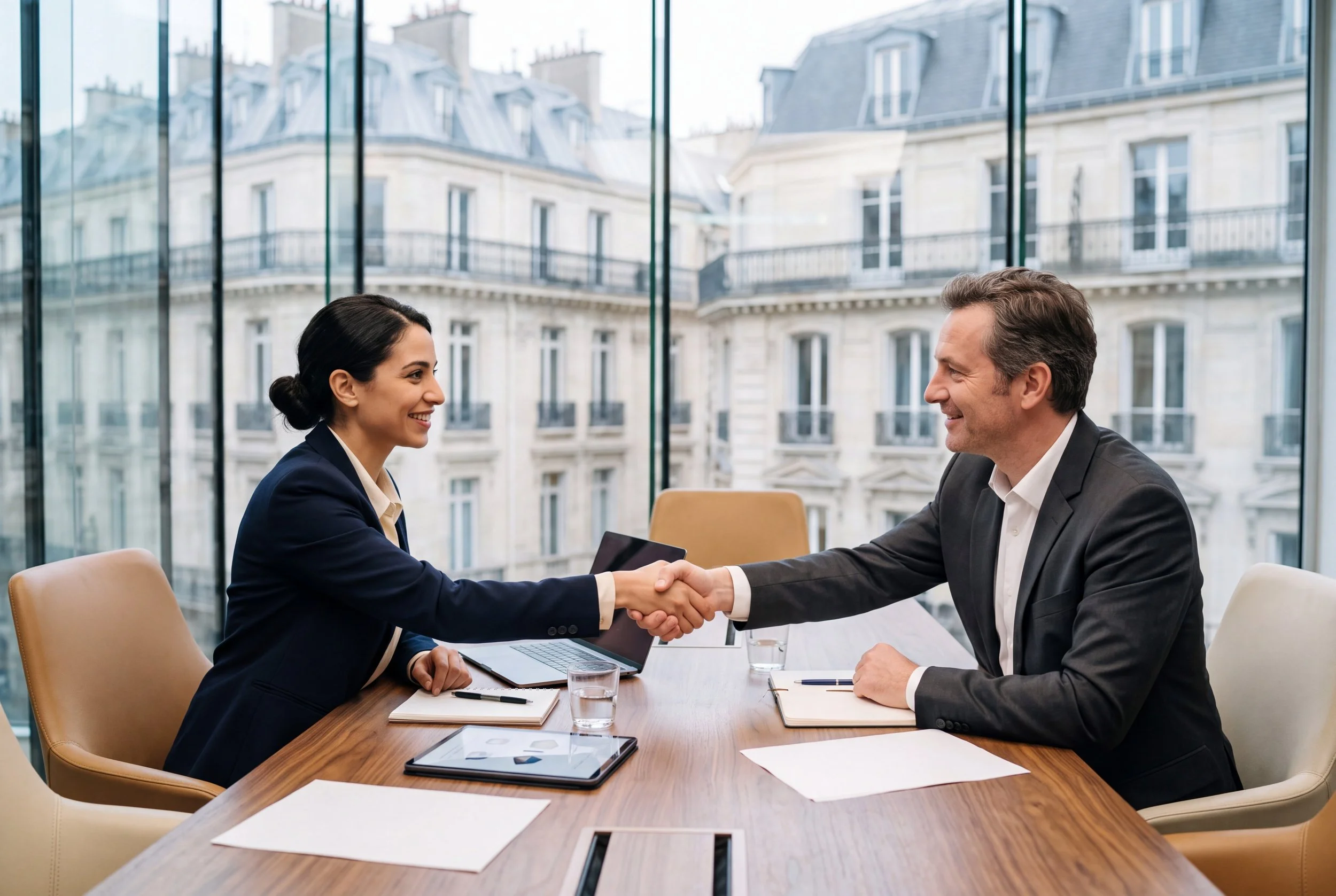 Négociatrice technico-commerciale concluant un accord avec un client professionnel