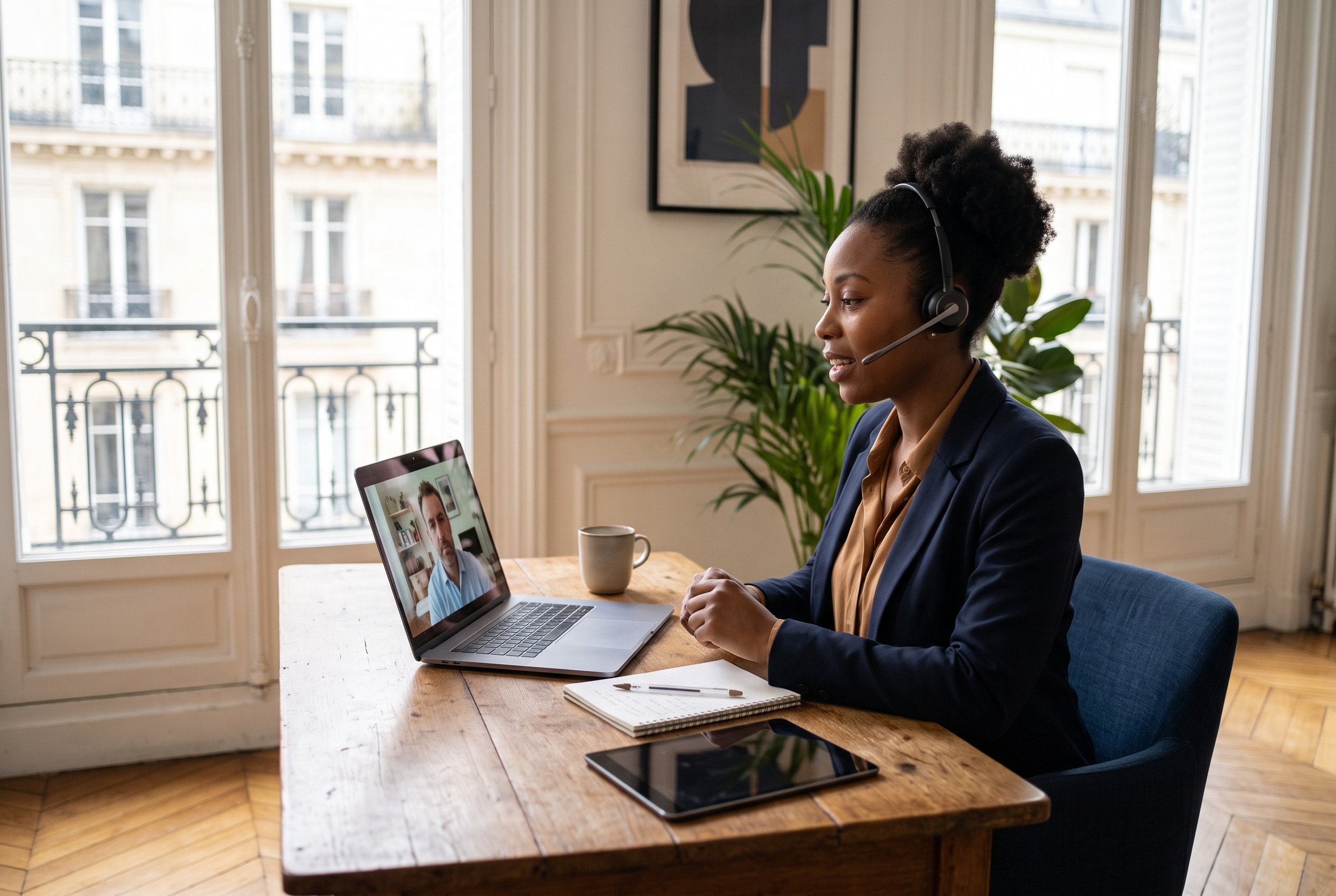 Consultante animant un bilan de compétences à distance en visioconférence depuis son bureau