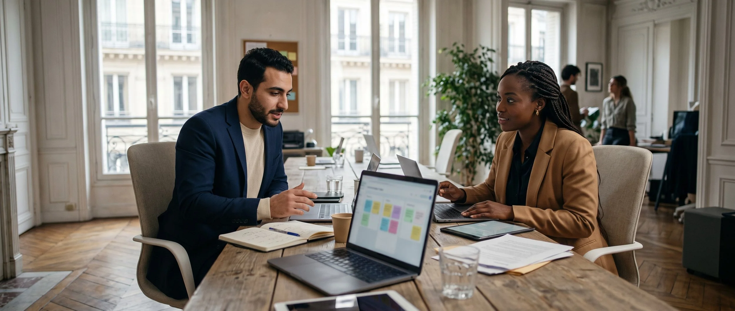 Responsable de projet travaillant sur un tableau de bord collaboratif dans un bureau parisien