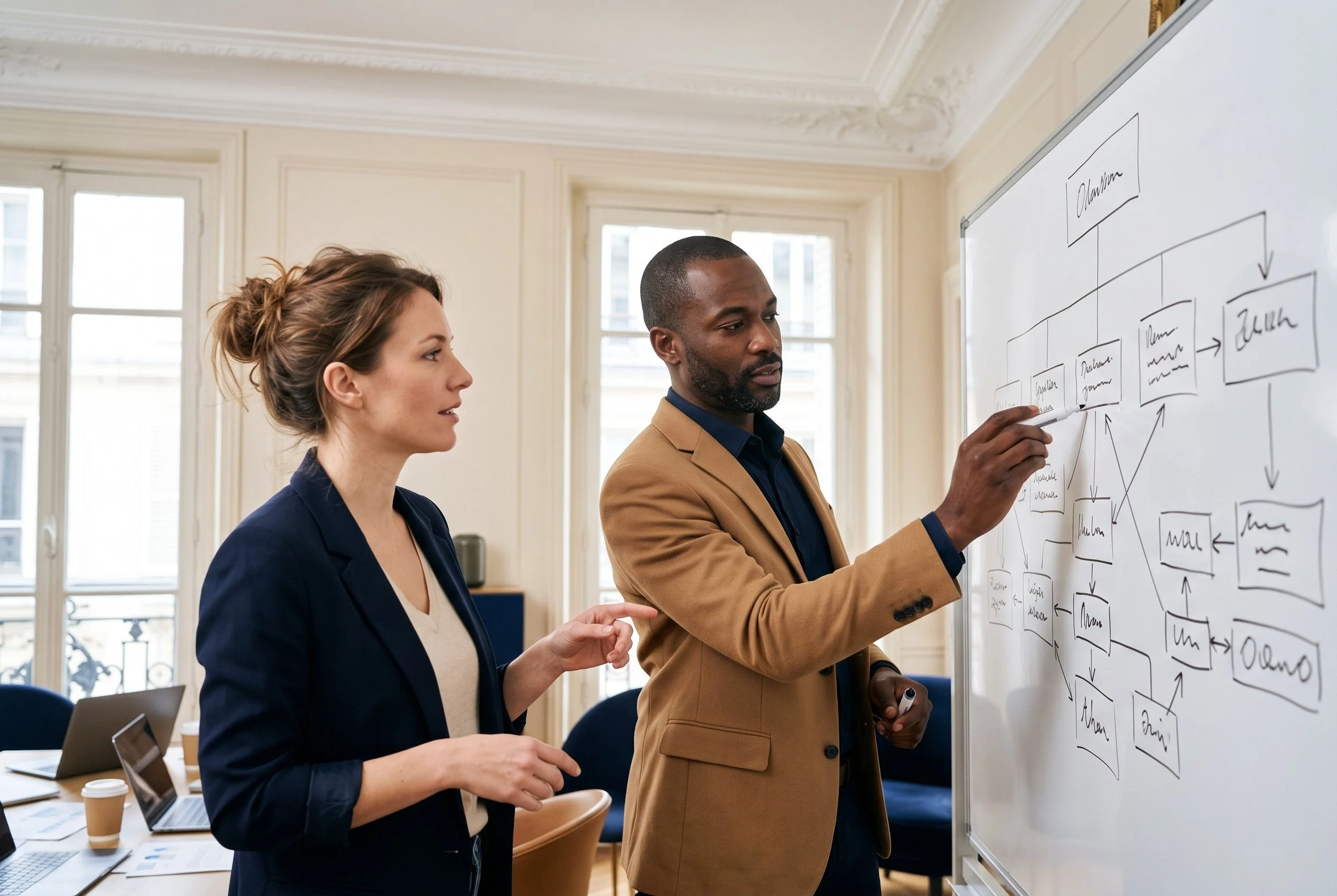 Une consultante et un manager esquissent un organigramme fonctionnel multisites sur un tableau blanc