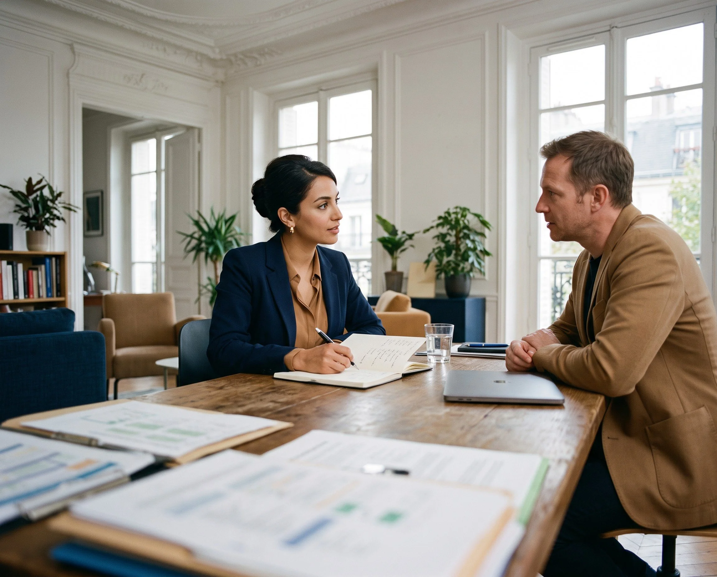 Consultante en bilan de compétences construisant un projet professionnel avec son client
