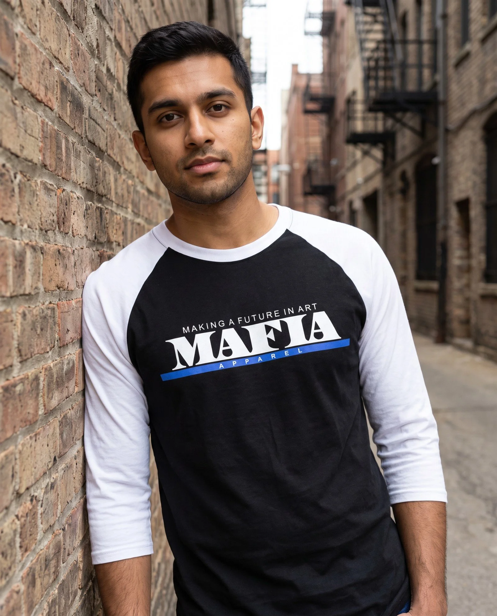 3/4 Sleeve Raglan Shirt - White MAFIA APPAREL Logo - BLUE Bar