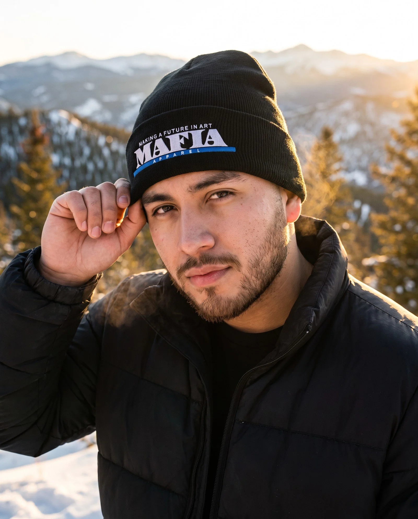 Cuffed Beanie - White MAFIA APPAREL Logo - BLUE Bar
