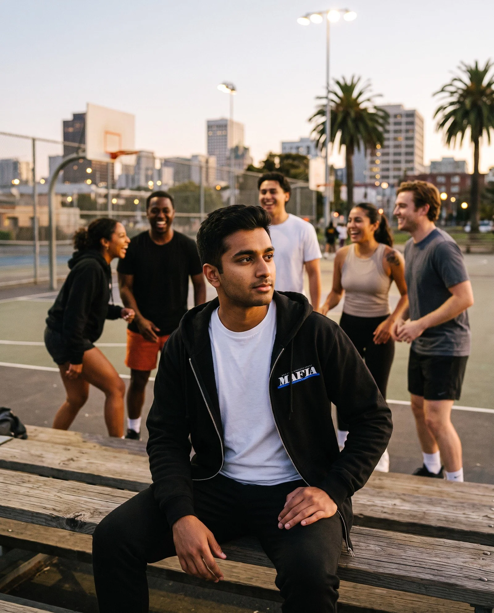 Unisex Heavy Blend Zip Hoodie - White MAFIA APPAREL / MADE Logo - BLUE Bar