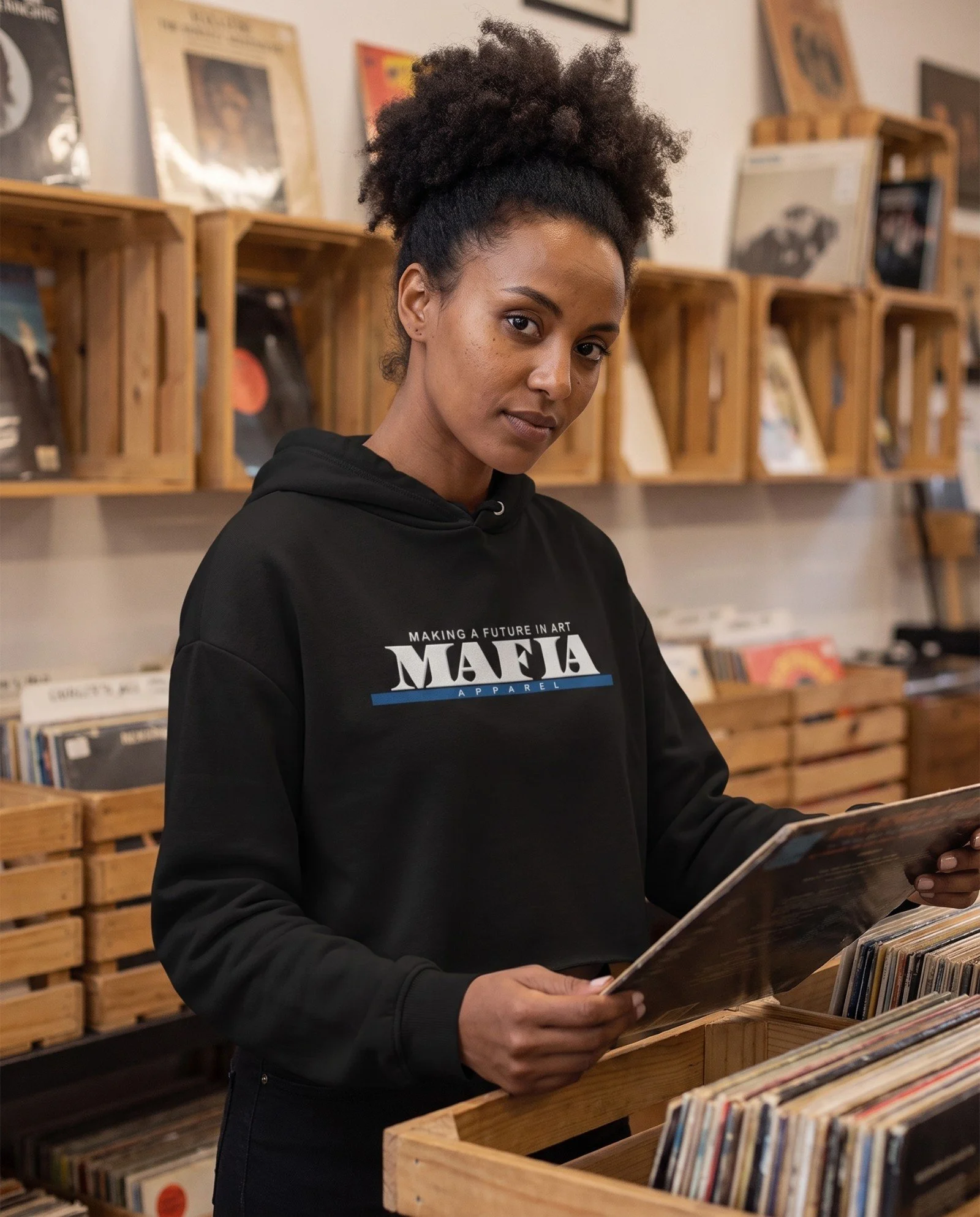 Crop Hoodie - White MAFIA APPAREL Logo - BLUE Bar