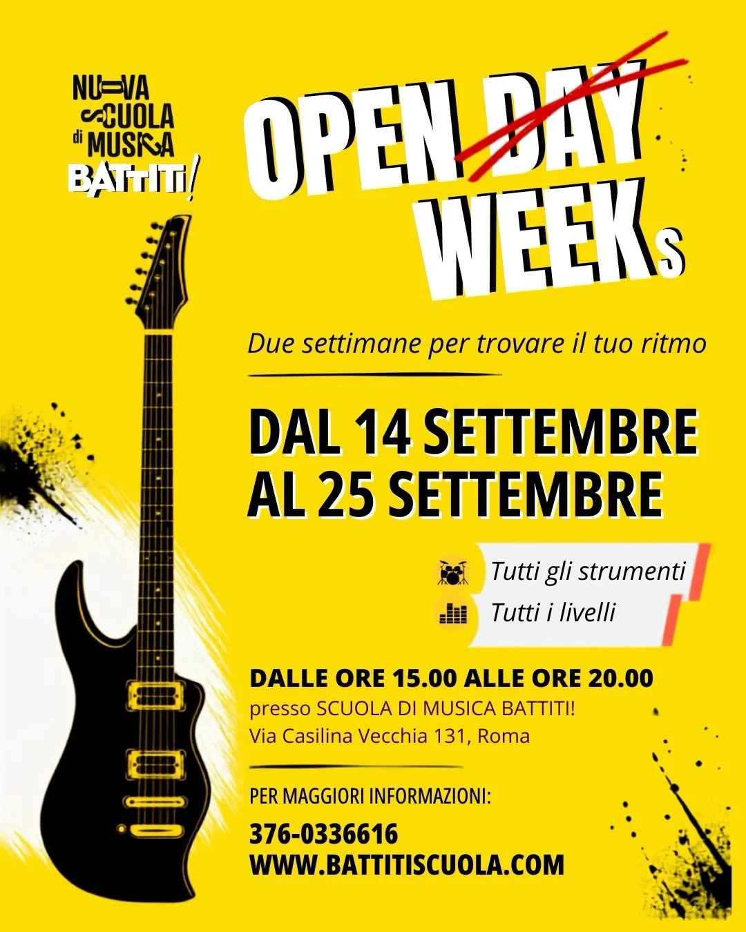 🚀 OPEN WEEKS: DAL 14 AL 25 SETTEMBRE 🚀
La Nuova Stagione della Scuola di Musica Battiti! sta per iniziare e le nostre porte si aprono per te! ⚡🎵

Dal 14 al 25 settembre prenota la tua lezione di prova gratuita e vieni a scoprire la nostra offerta 