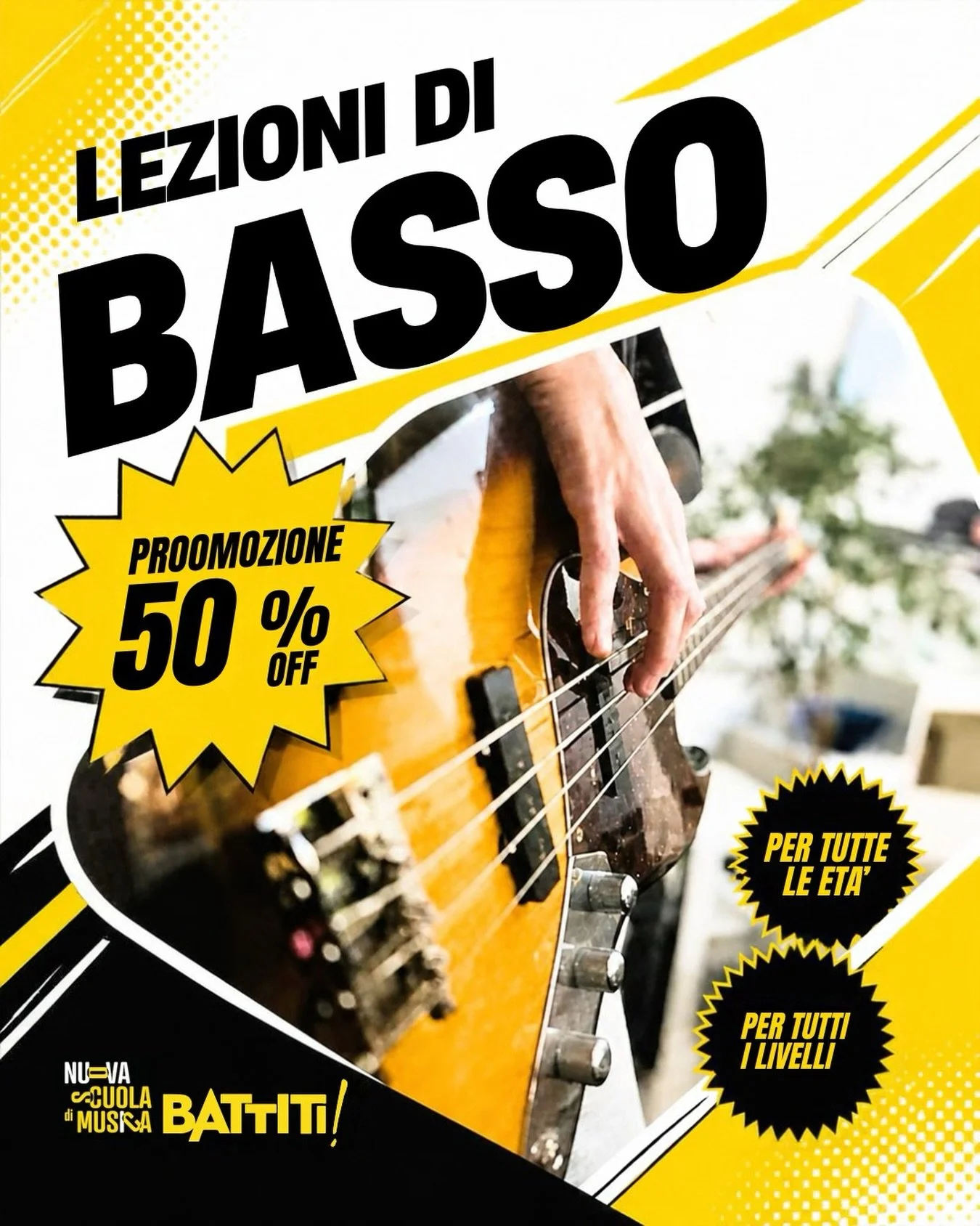 SLAP THE BASS! ⚡🎸 PROMO!!!
Diventa socio e i primi 2 mesi sono a met&agrave; prezzo.
Lezioni aperte a ogni et&agrave; e livello, dai bambini agli adulti.
Se fa per te, continueremo a suonare insieme!
Scrivi o chiama subito per informazioni e orari! 