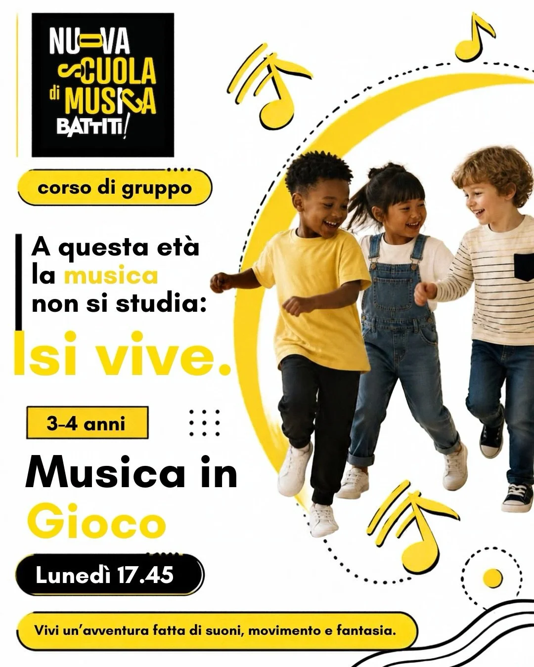 A questa et&agrave; la musica non si studia: si vive. 🎶 🥁✨

Un&rsquo;esperienza di gruppo in cui non si valuta ma si accompagna, rispettando l&rsquo;unicit&agrave; di ogni bambino.
📅 Quando: Ogni luned&igrave; alle 17.45
👧 Et&agrave;: 3-4 anni
📍
