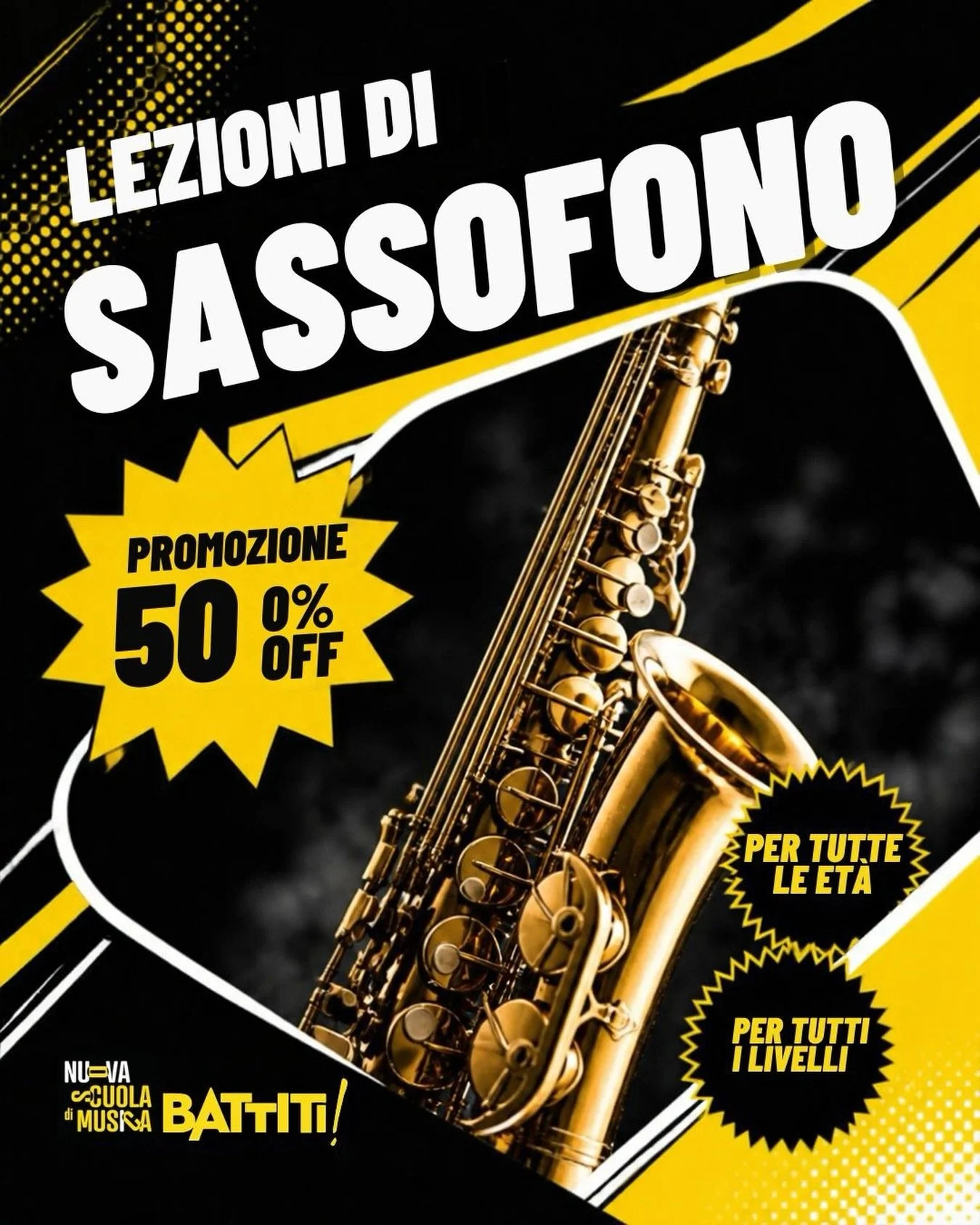 🎷 Hai mai sentito il bisogno di dare fiato alle tue passioni?
Il saxofono non &egrave; solo uno strumento: &egrave; voce, calore, groove puro. Che tu parta da zero o voglia ritrovare il tuo &ldquo;sound&rdquo;, alla Nuova Scuola di Musica Battiti! t