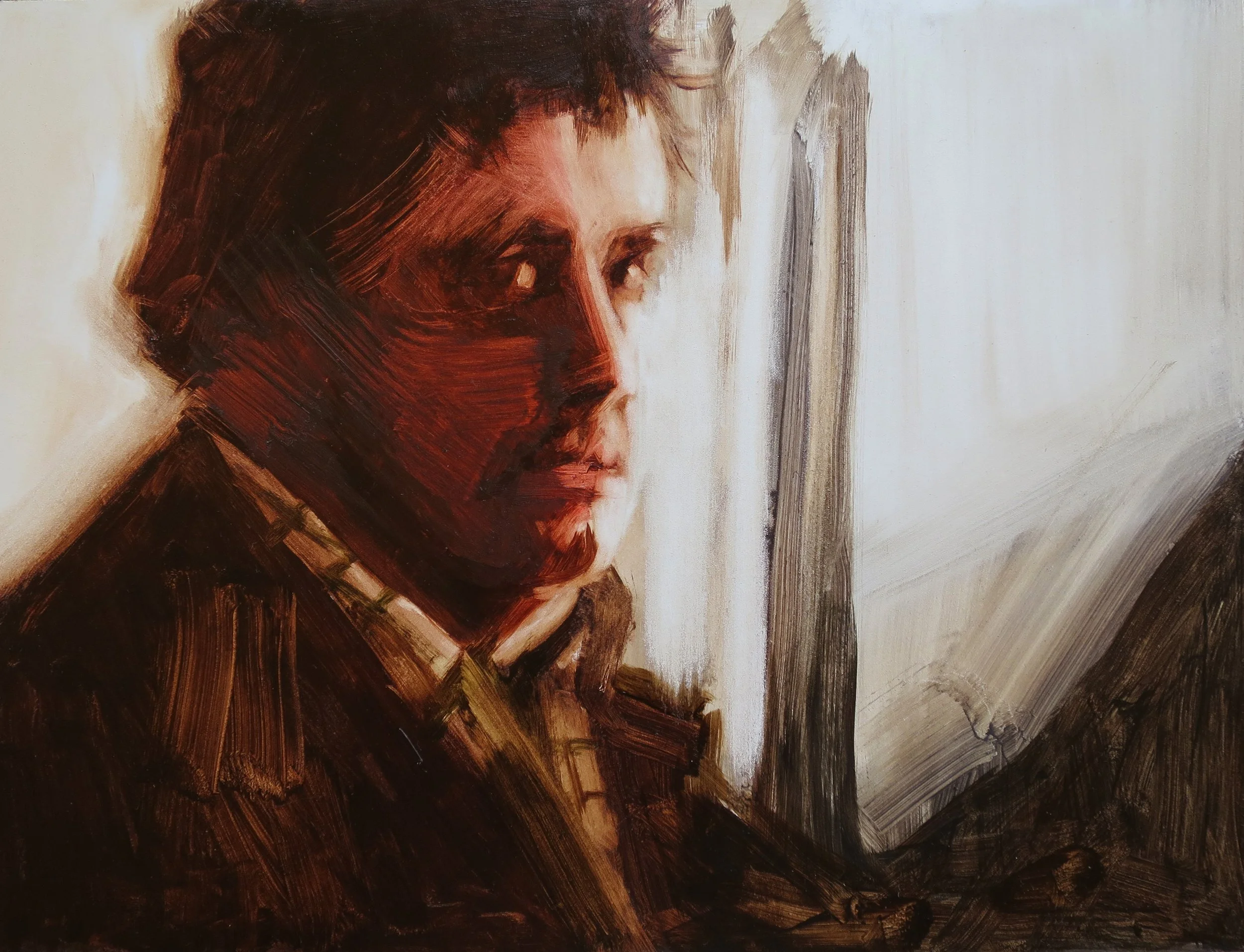 'Frank Hathaway (from Shakespeare & Hathaway) as a suspect in George Gently', 2023, oil on board, 23 x 31cm (unframed)