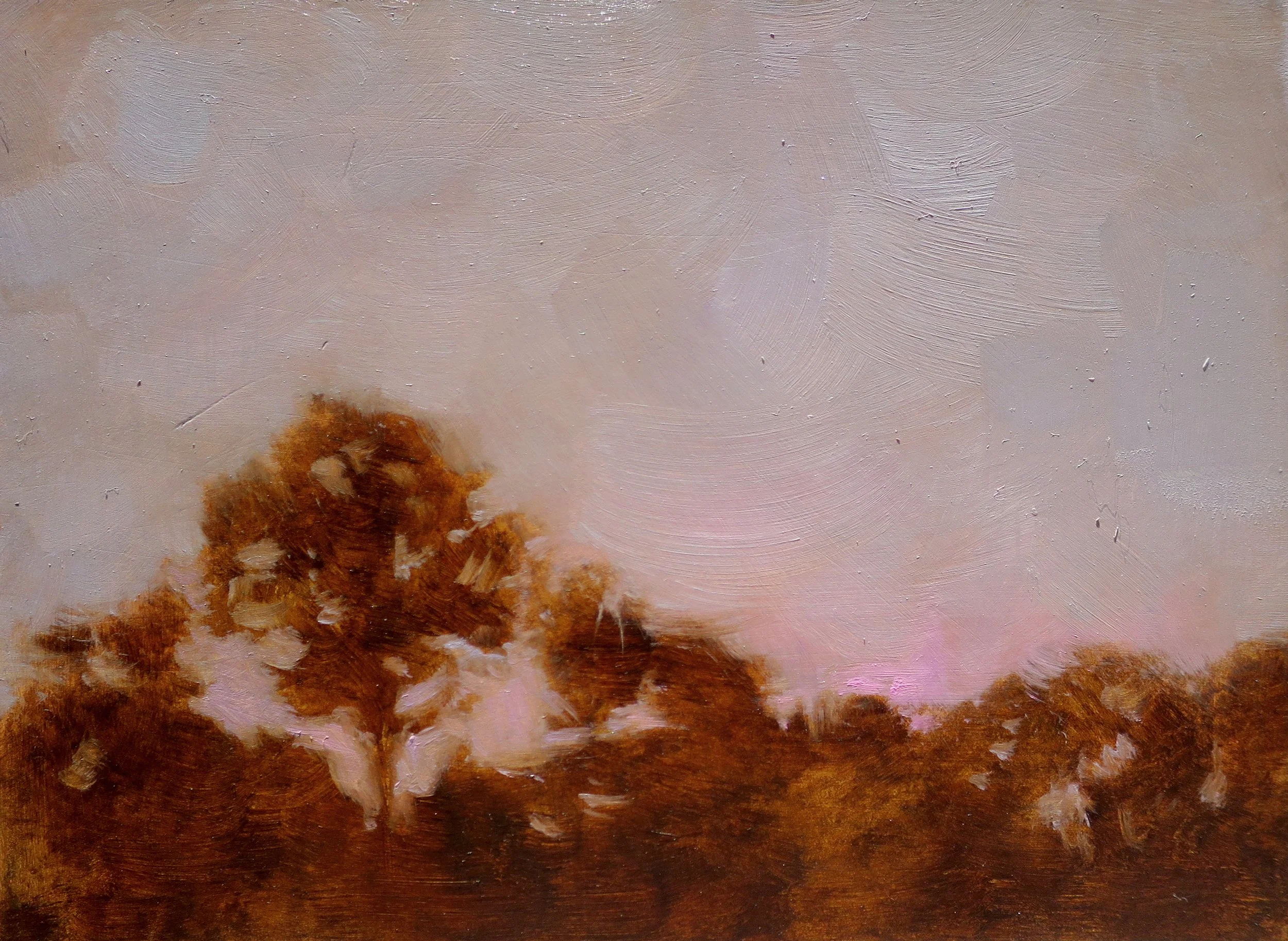 Cold sunset from the balcony 2022, oil on board, 17.8 x 12.7cm