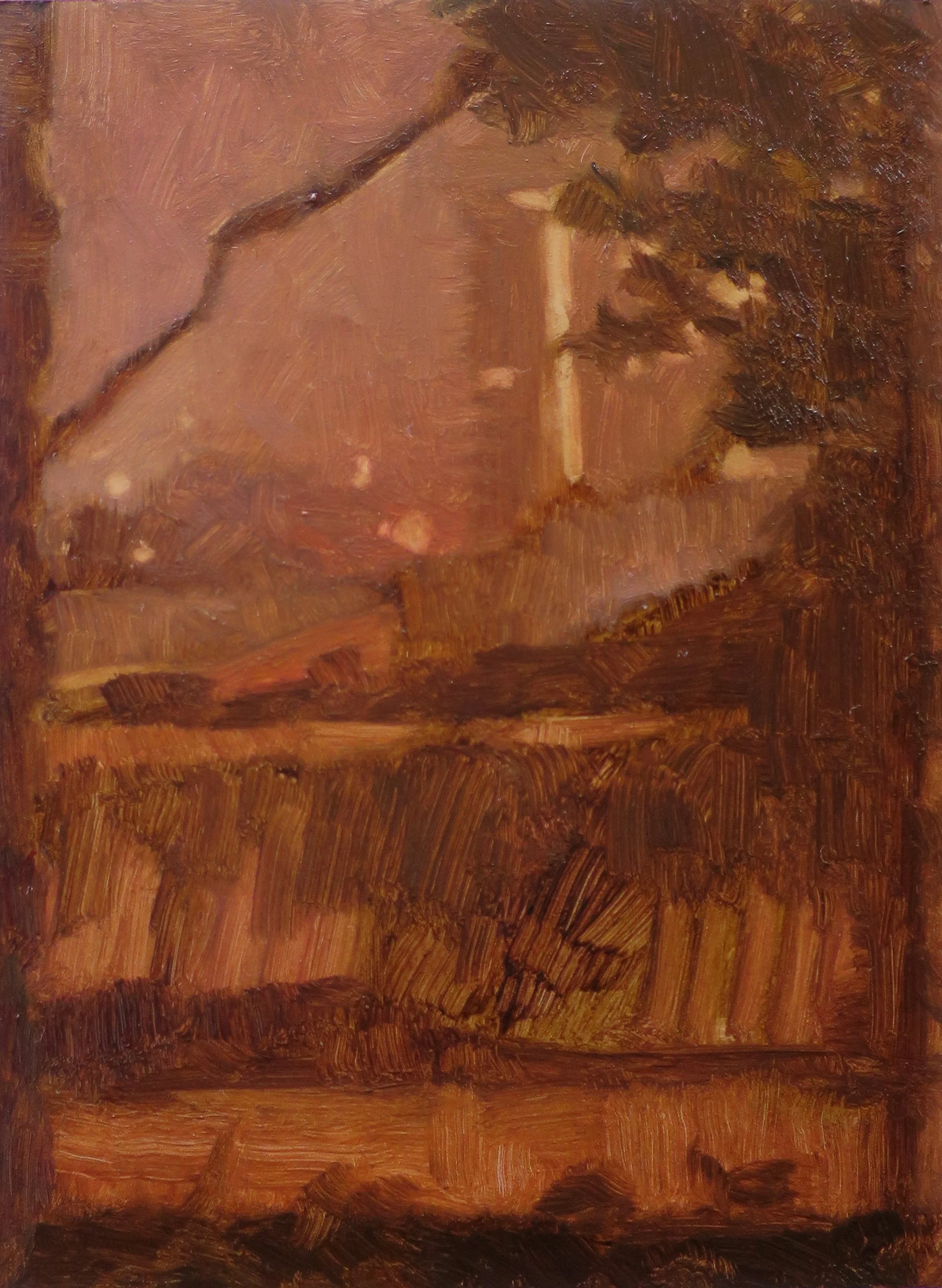 From the window at Coorparoo during floods 2022, oil on board, 17.8 x 12.7cm