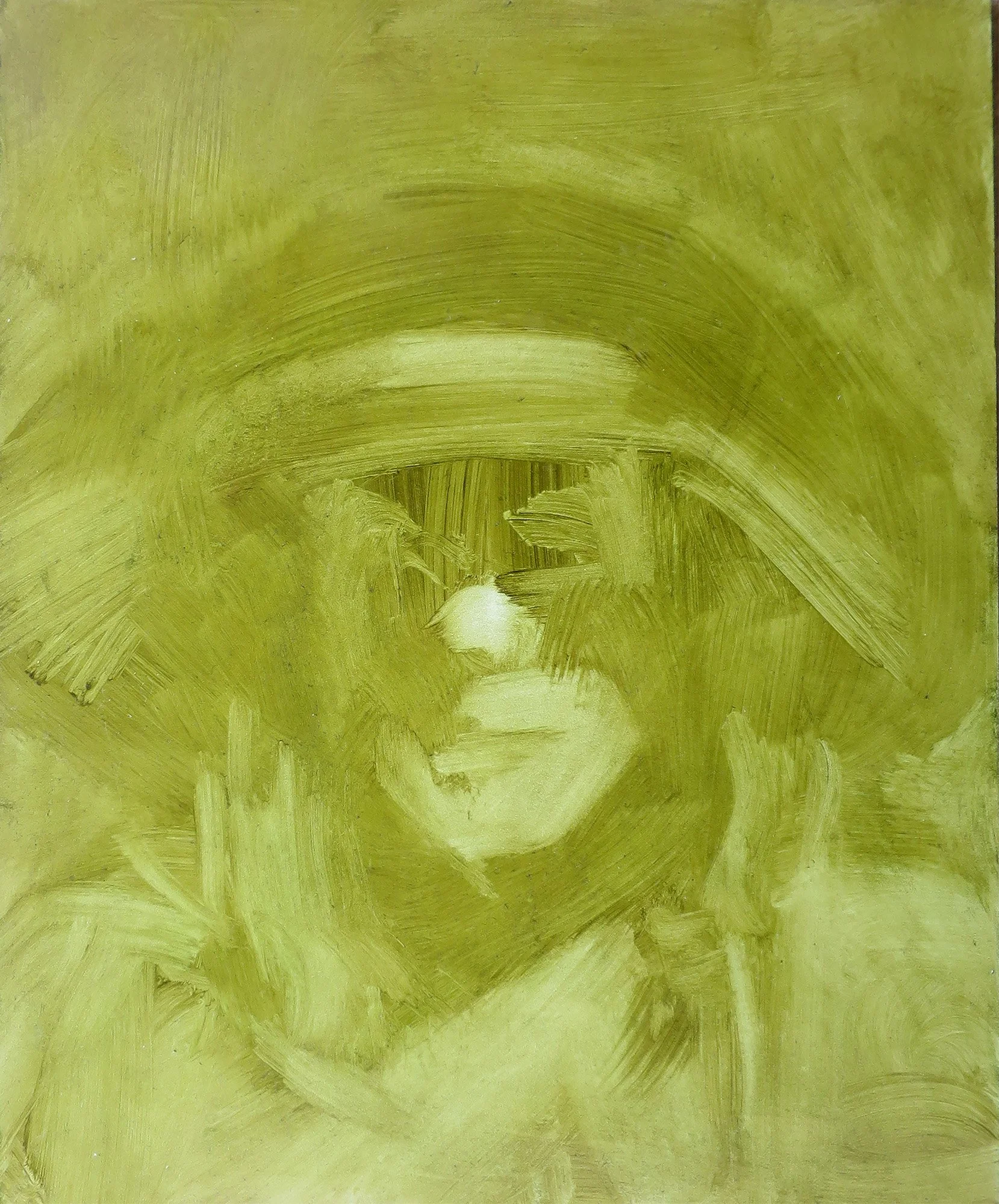 Green hat hot face, 2022, oil on board, 25 x 20 cm