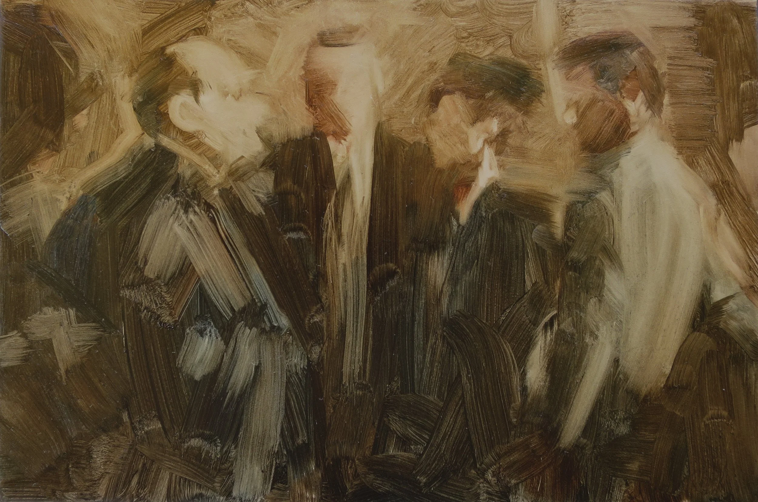 'Reveal gathering denouement (Poirot s13e1)', 2023, oil on board, 15 x 23cm (unframed)